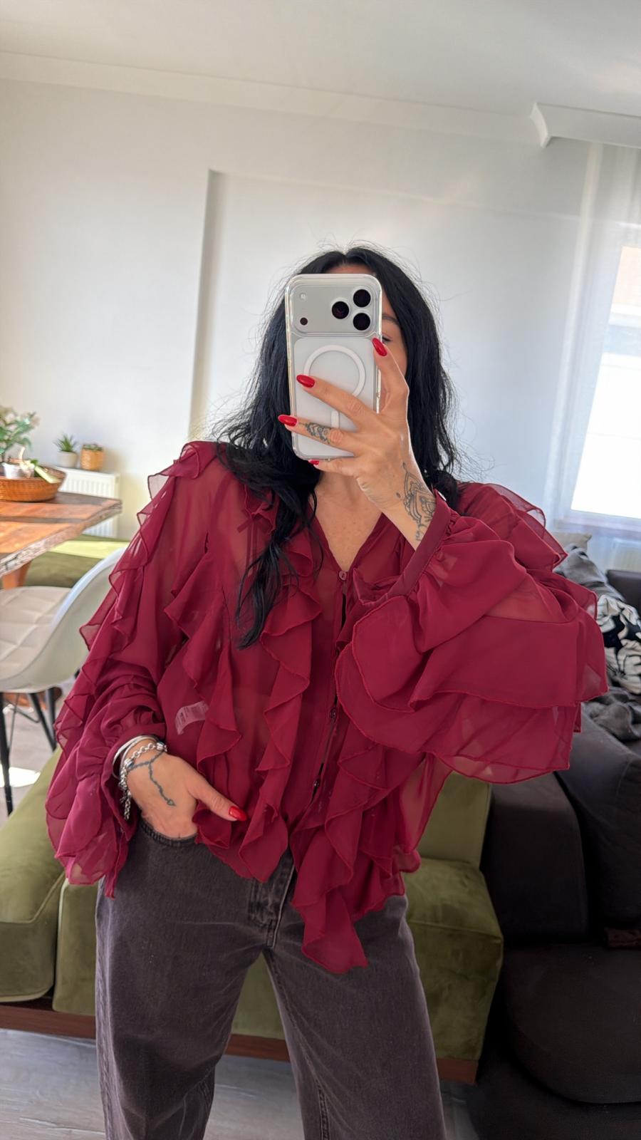 Bordo Fırfırlı Şifon Gömlek