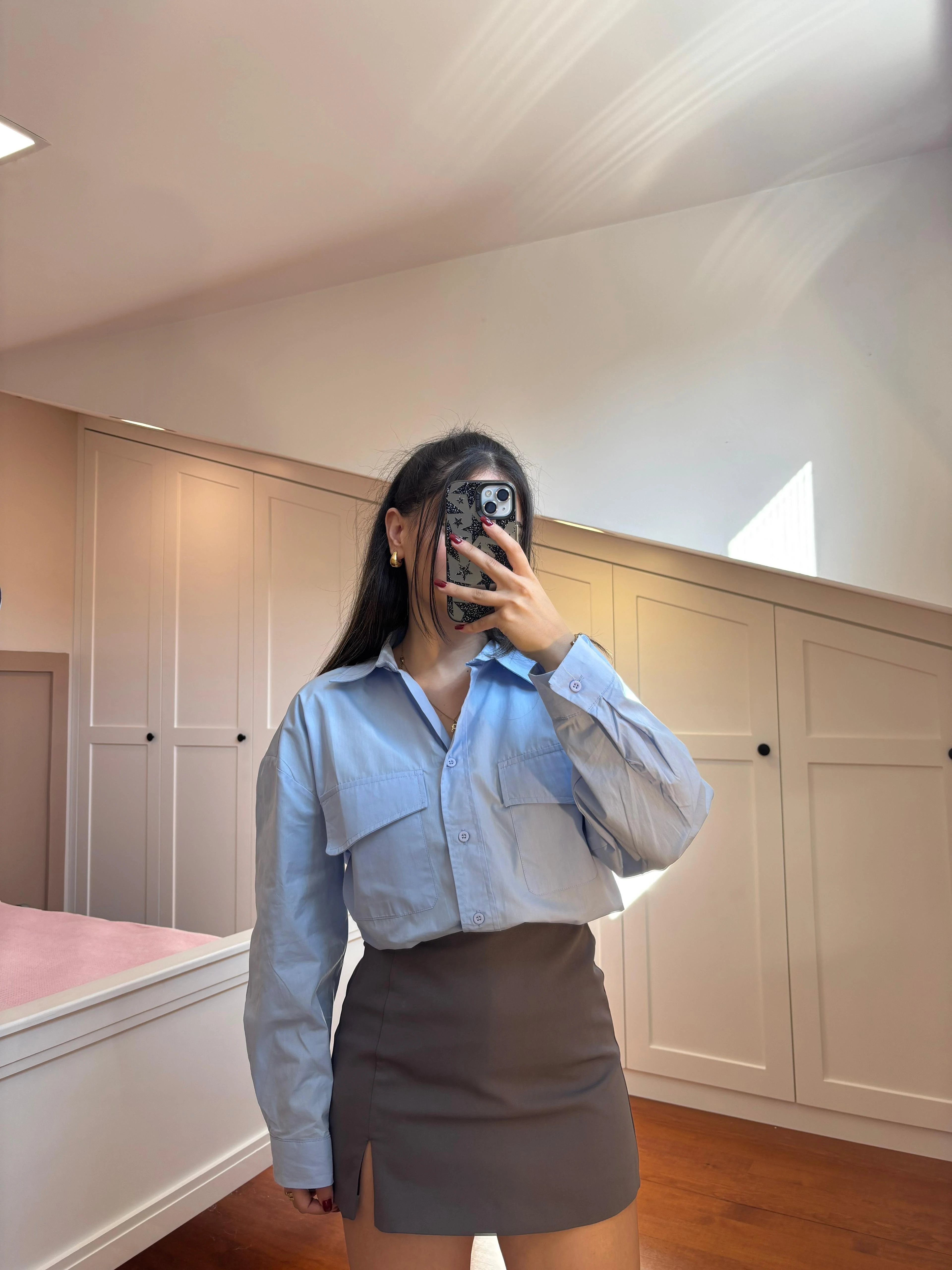 Massi Önü Cepli Crop Gömlek