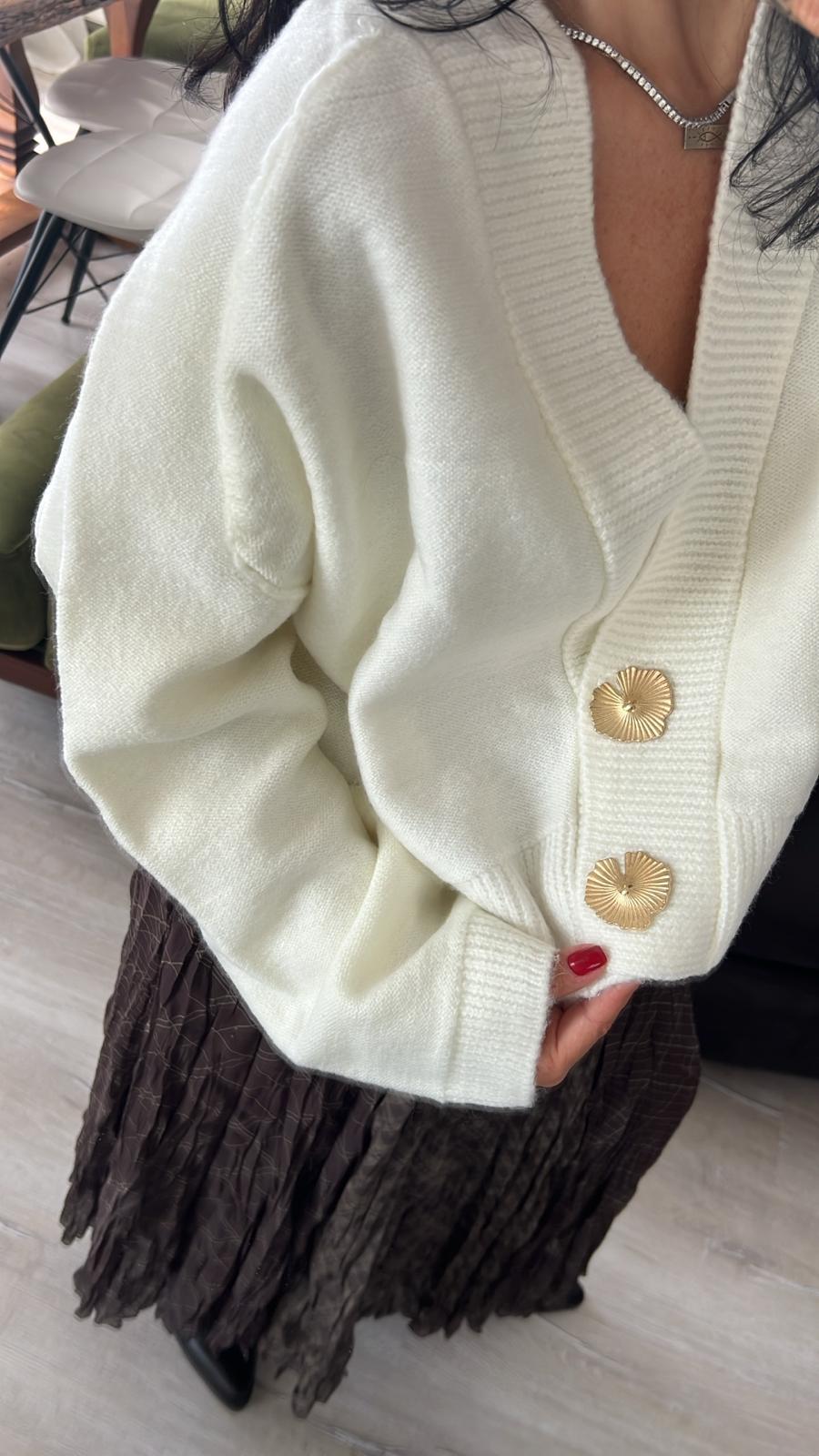 Ekru Düğme Detaylı Triko Hırka 