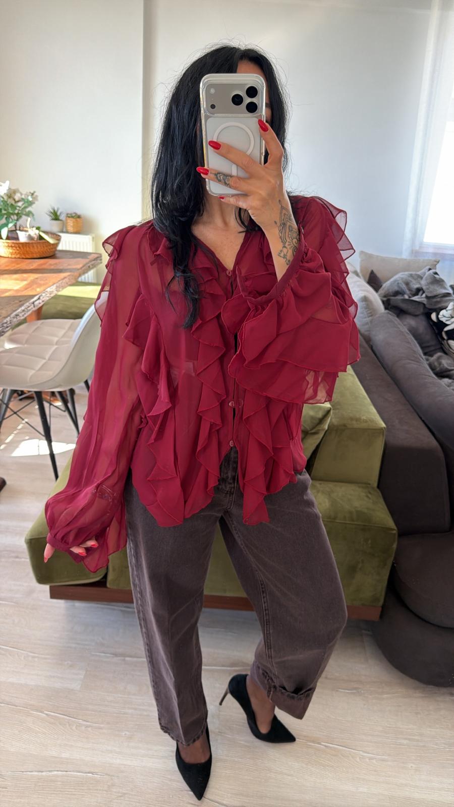 Bordo Fırfırlı Şifon Gömlek