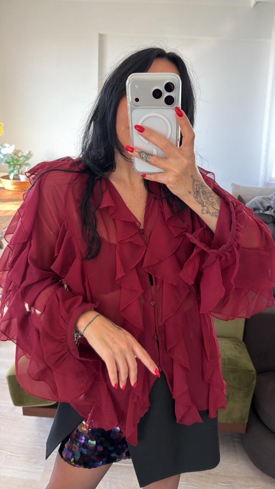 Bordo Fırfırlı Şifon Gömlek