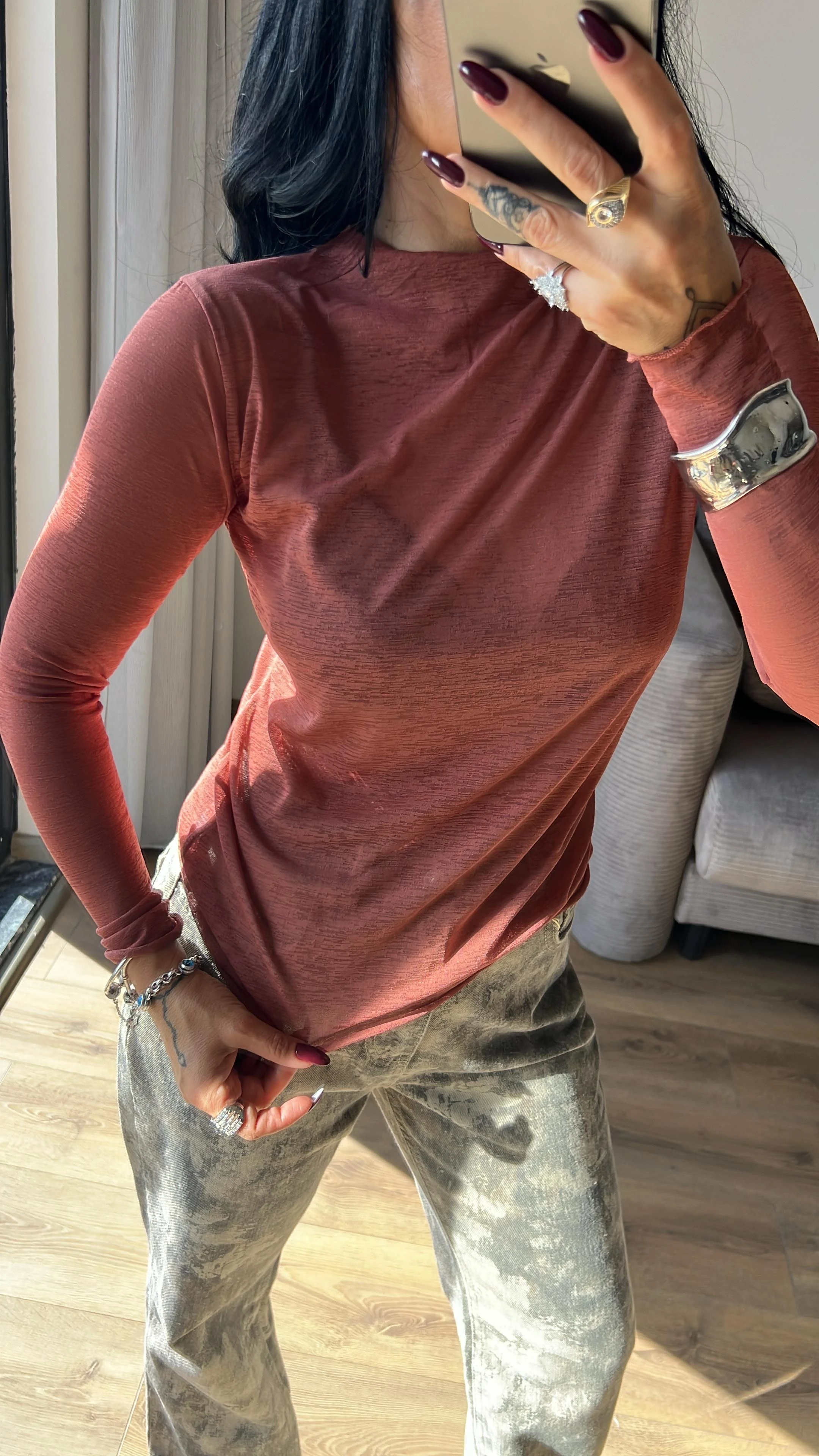 Gül Kurusu Transparan Bluz