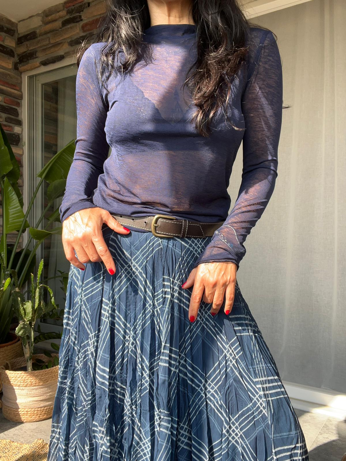 Petrol Mavisi Ekose Desenli Pliseli Asimetrik Etek