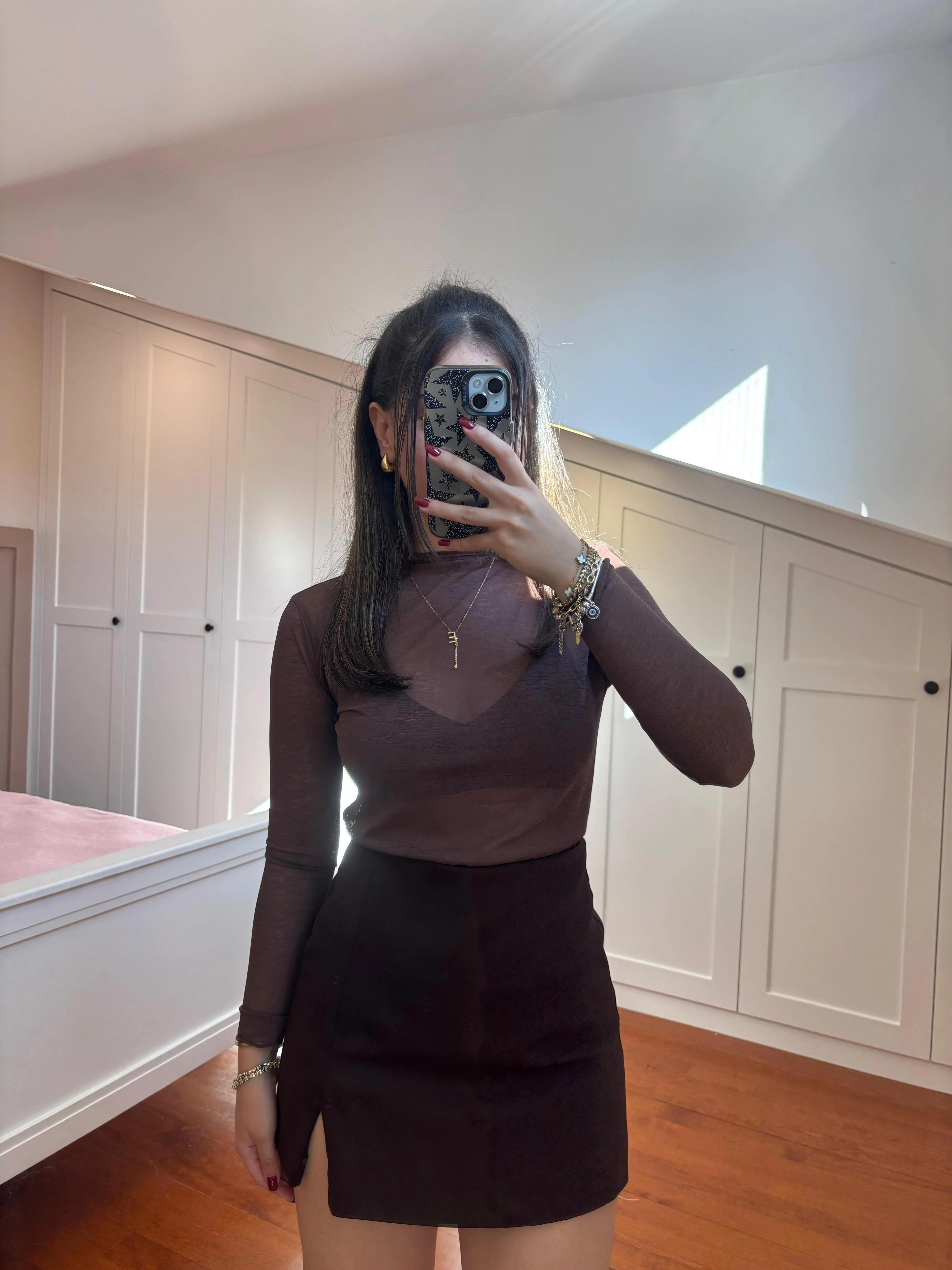 ZR Model Kahverengi Yırtmaçlı Şort Etek