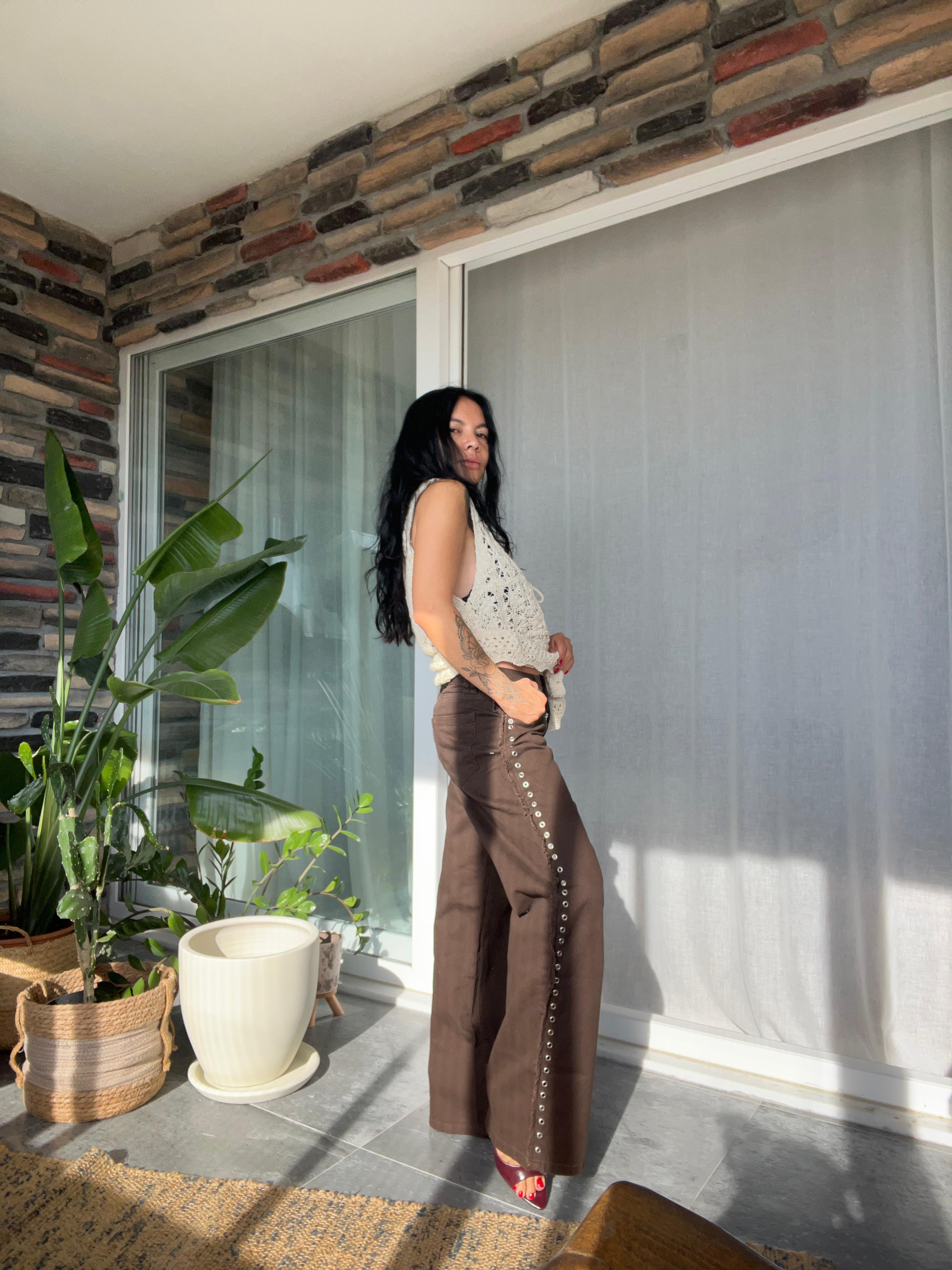 Kuş Gözü Detaylı Kahve Denim Pantolon