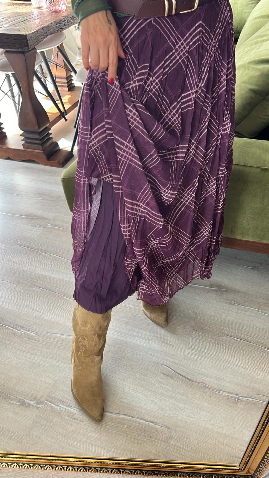 Mürdüm Ekose Desenli Pliseli Asimetrik Etek