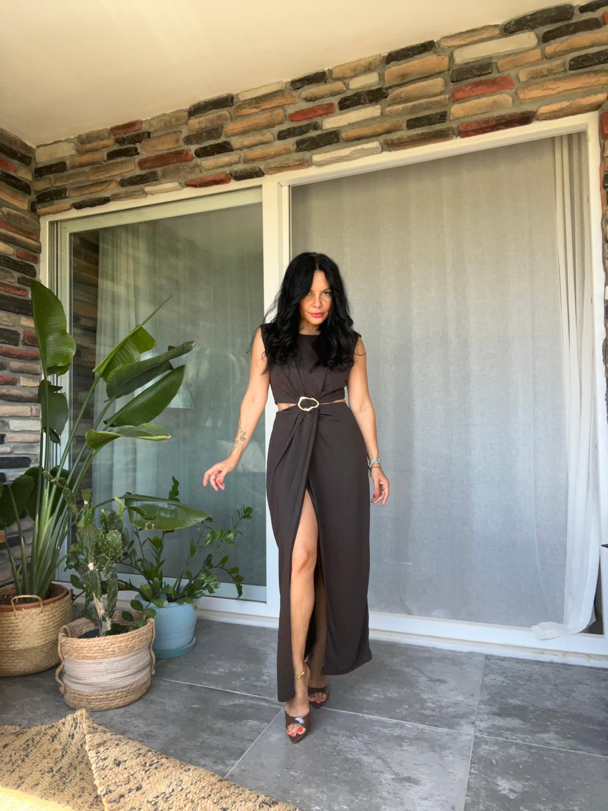 Beli Tokalı Drape Elbise  - Acı Kahve