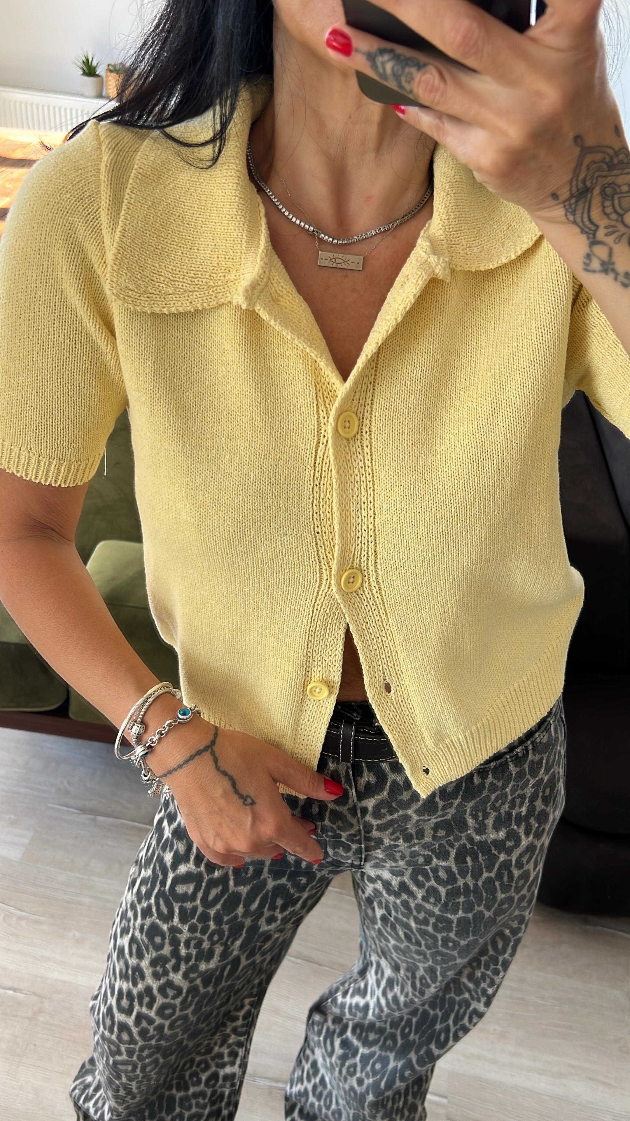 Orj Gömlek Yaka Sarı Triko Hırka