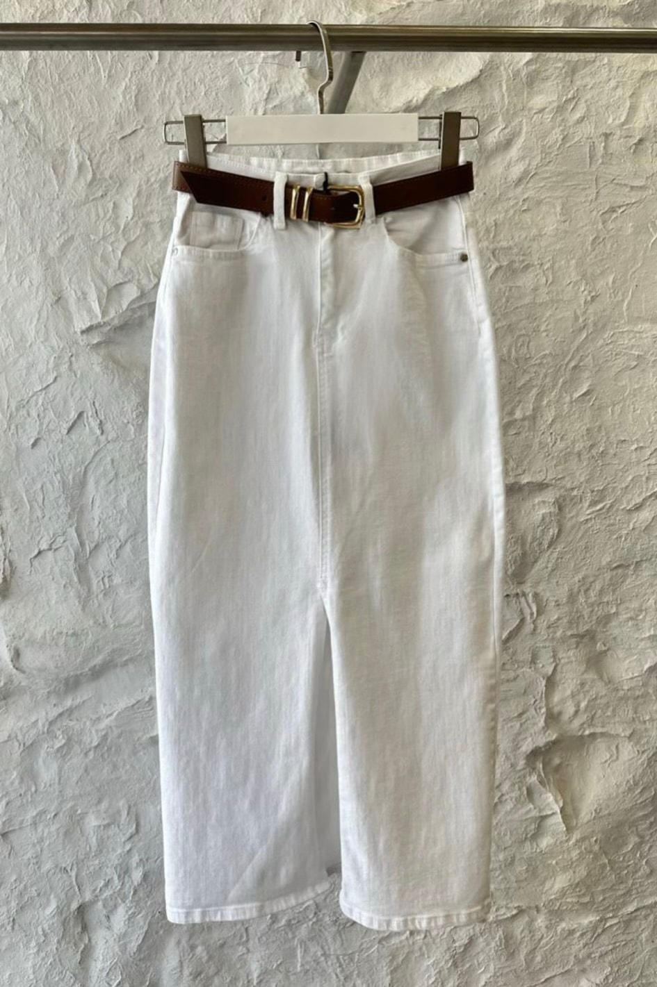 Beyaz Denim Ön Yırtmaçlı Etek