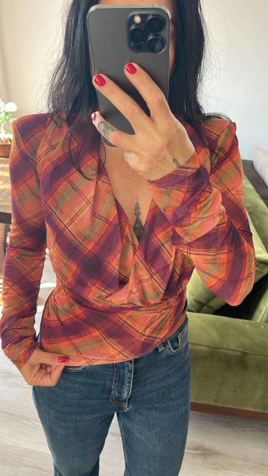 Ekose Desen Kruvaze Vatkalı Bluz