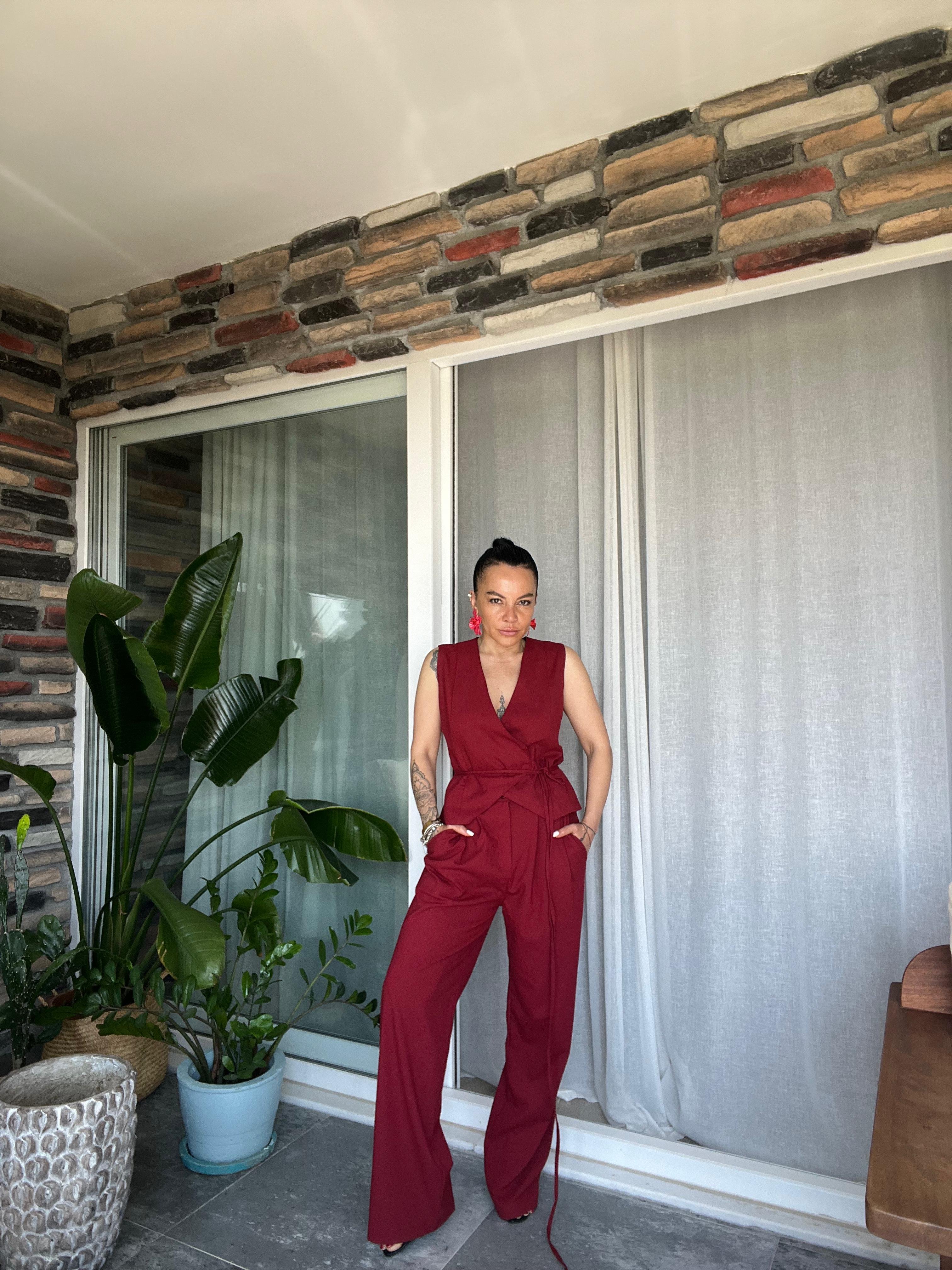 Bordo Bağlamalı Yelek Pantolon Takım 