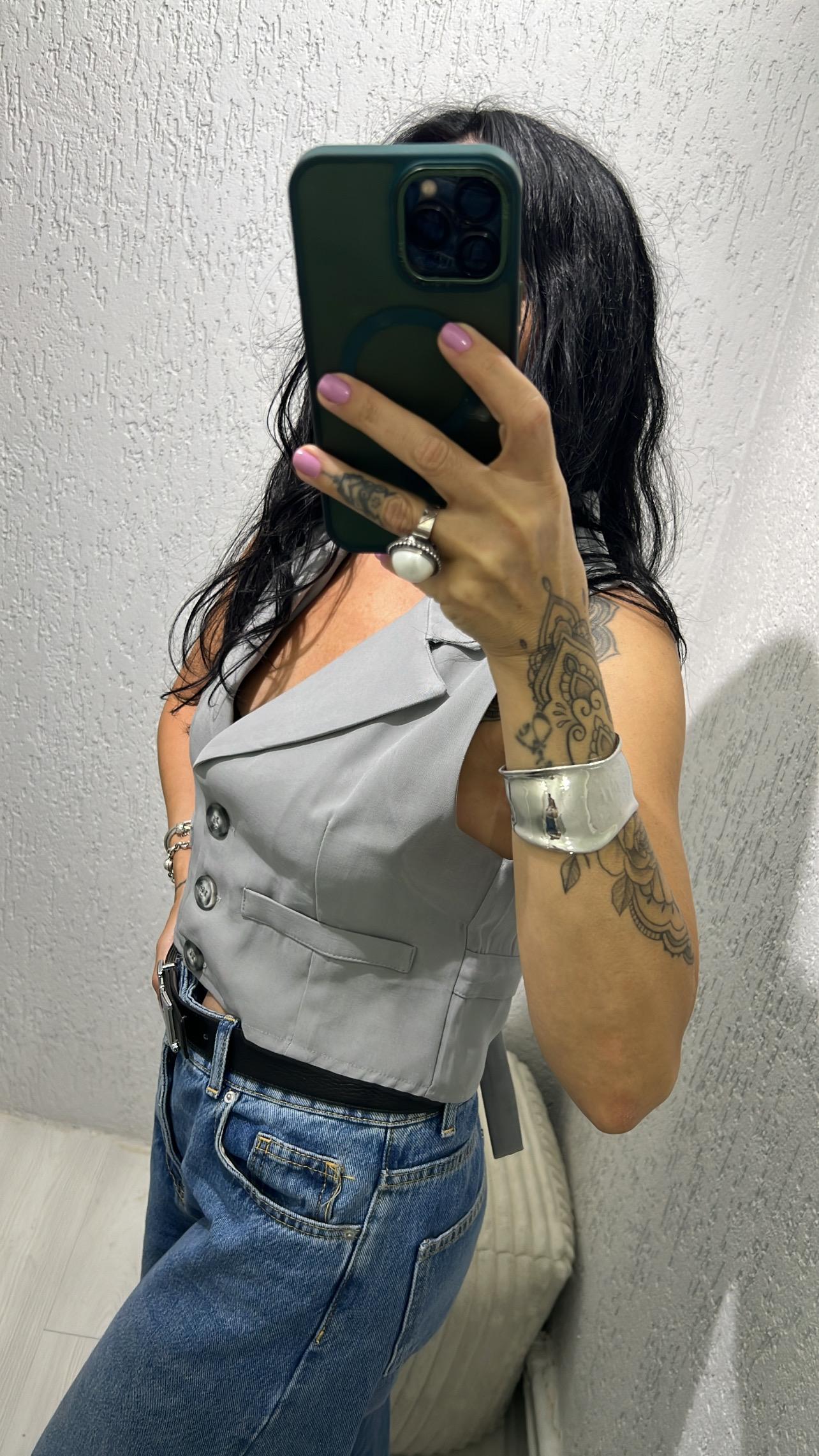 Gri Kruvaze Crop Yelek