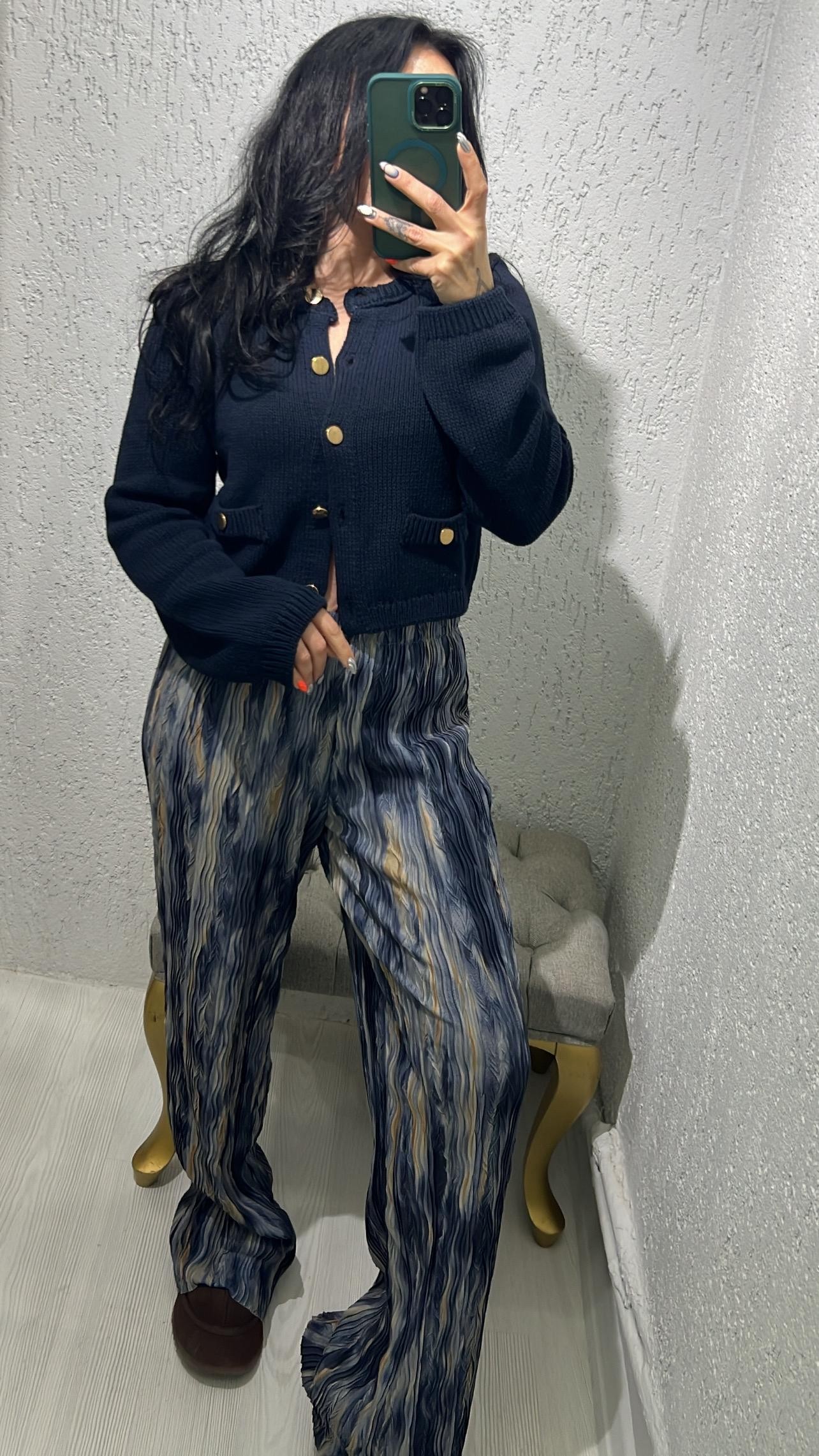 Krinkıl Beli Lastikli Lila Batik Desenli Pantolon