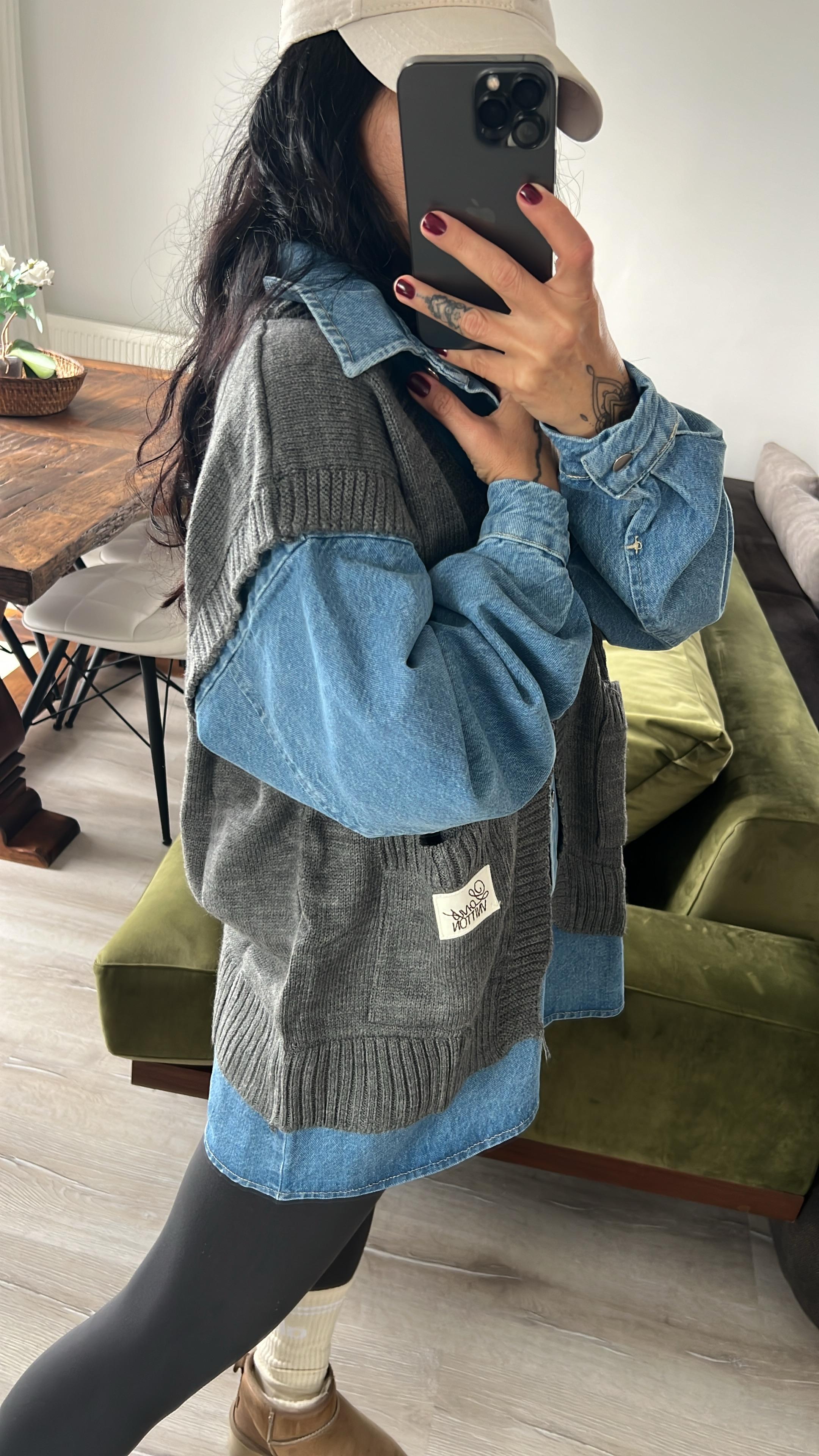 Garnili Triko Detaylı Denim Gömlek