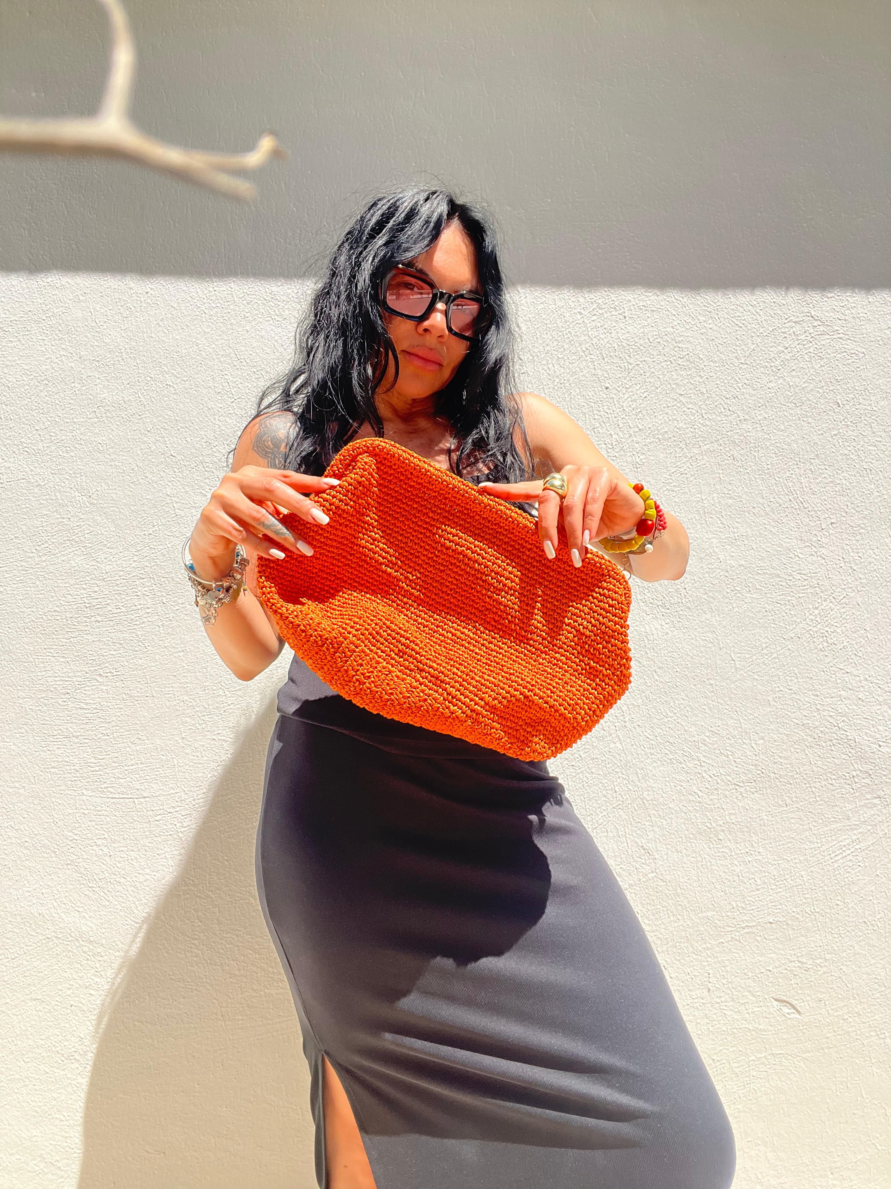 Turuncu Örgü Clutch Çanta
