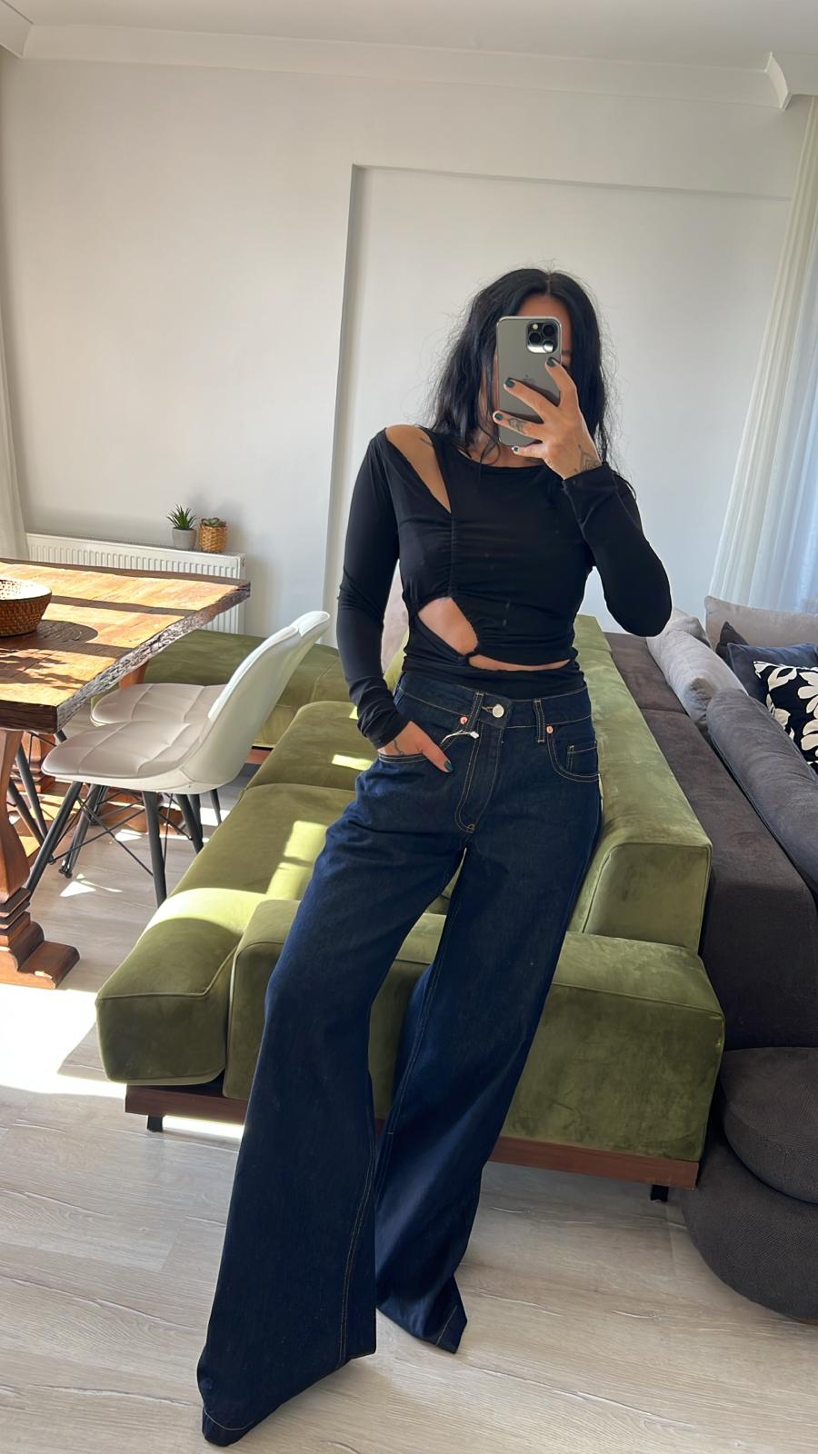 Koyu Lacivert Wide Leg Denim Pantolon 