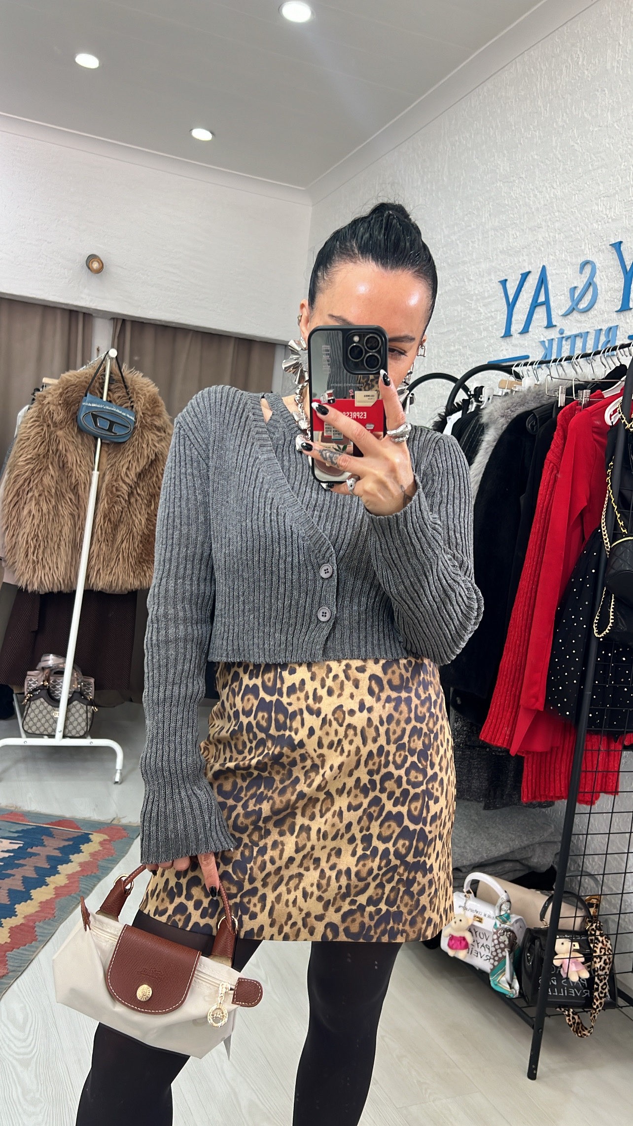 İnce Gabardin Leopar Desen Mini Etek (Kahve)