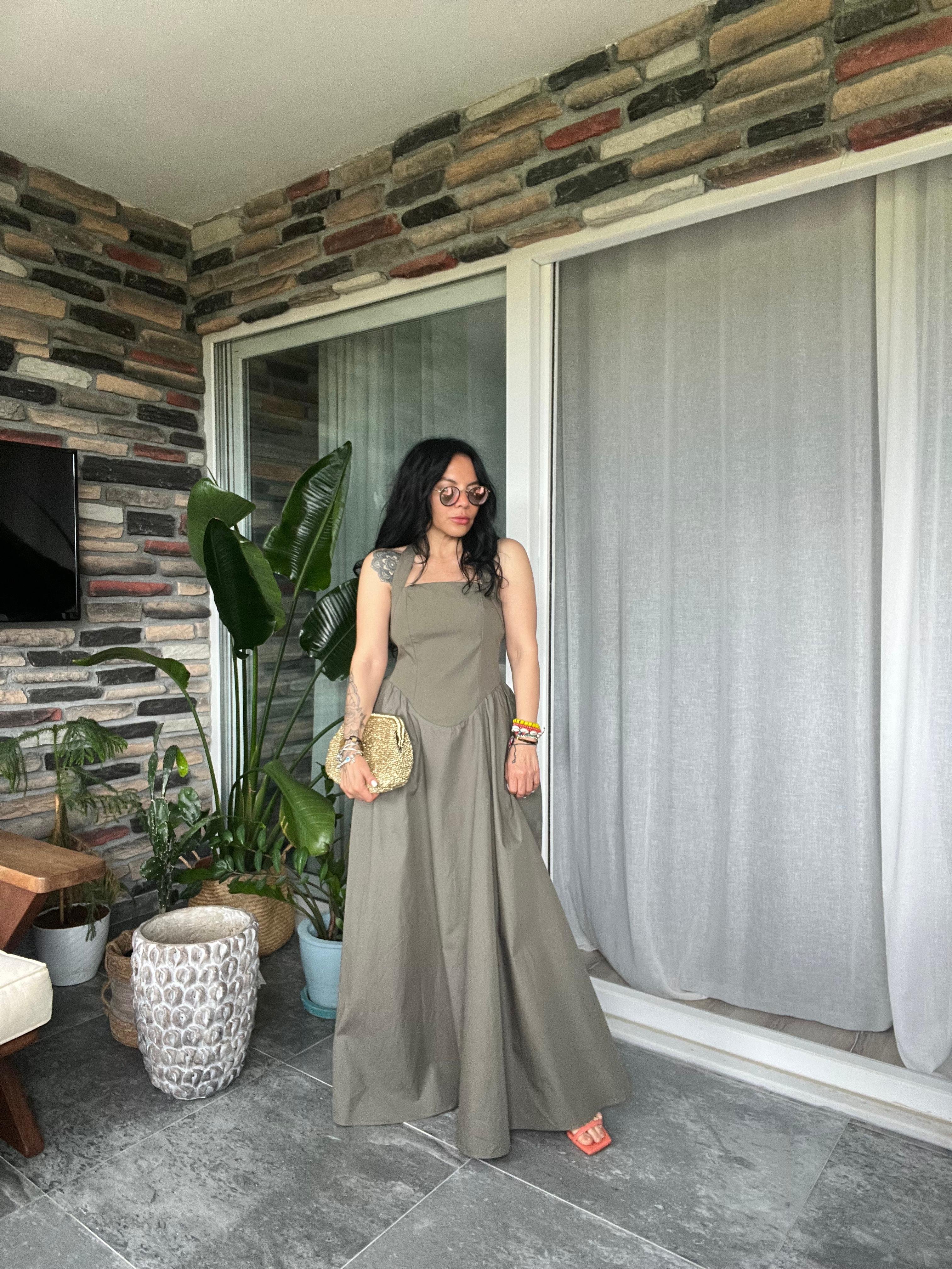 Haki Korse Detaylı Elbise 