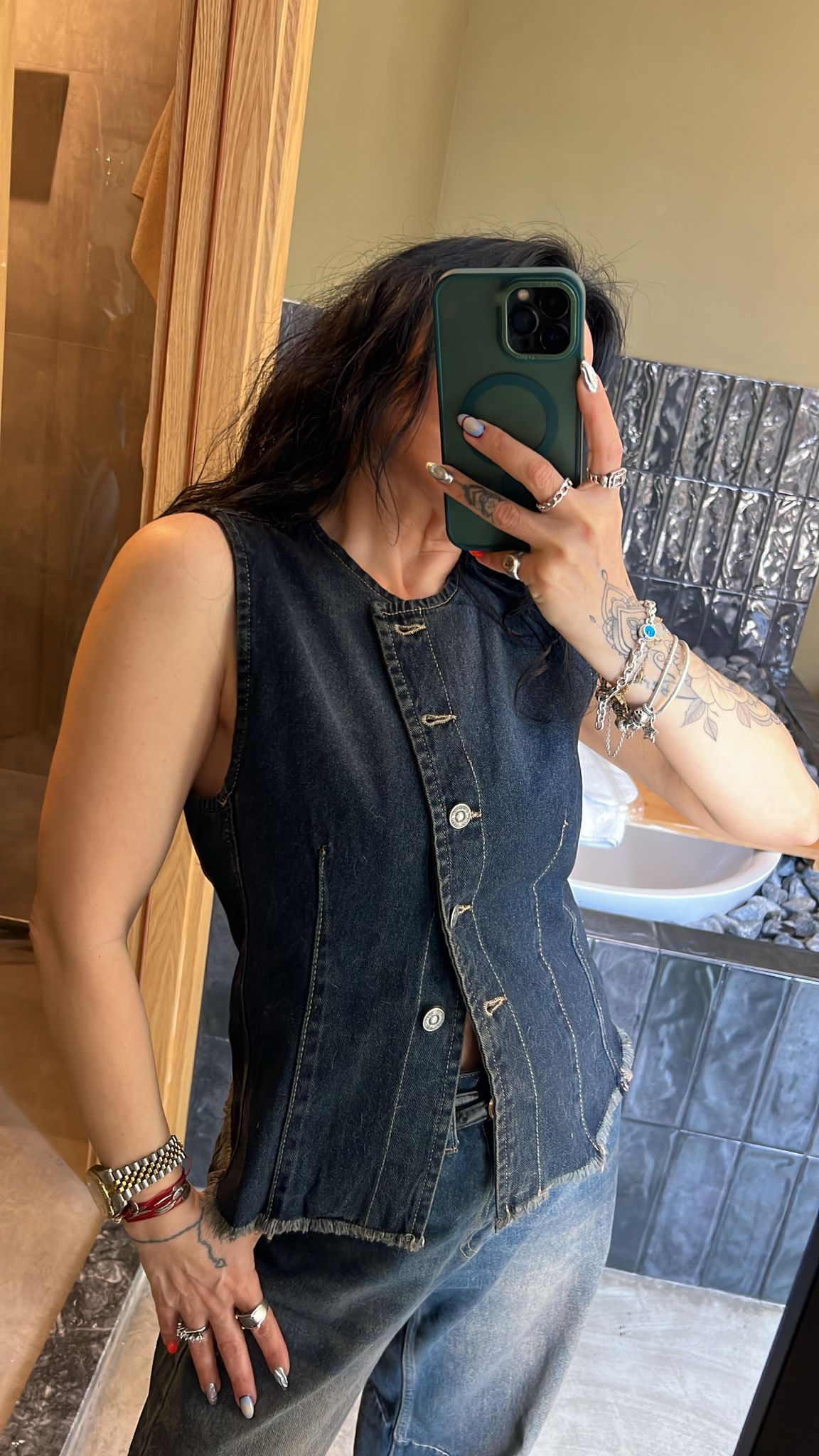 Düğmeli Denim Yelek