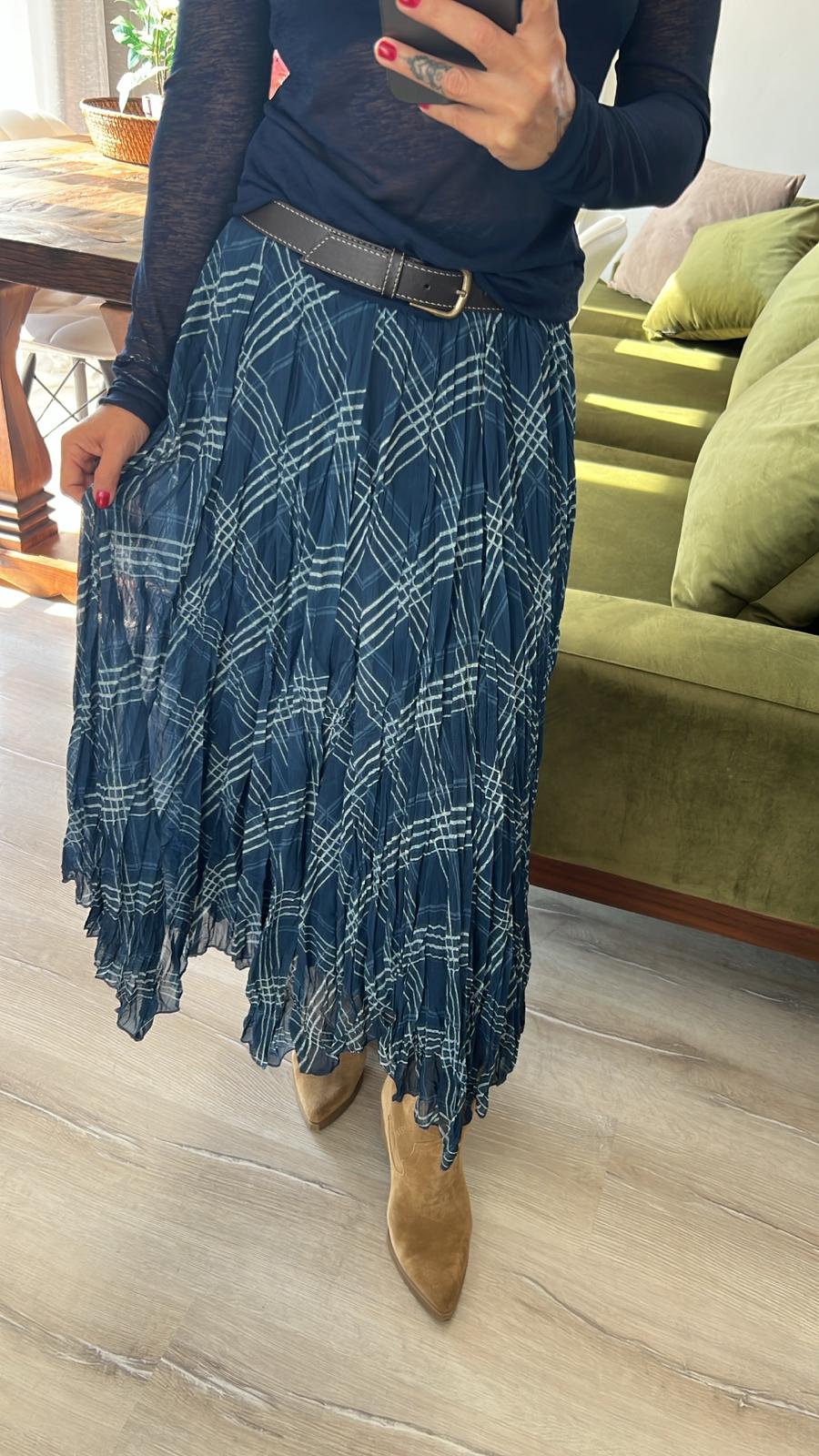 Petrol Mavisi Ekose Desenli Pliseli Asimetrik Etek