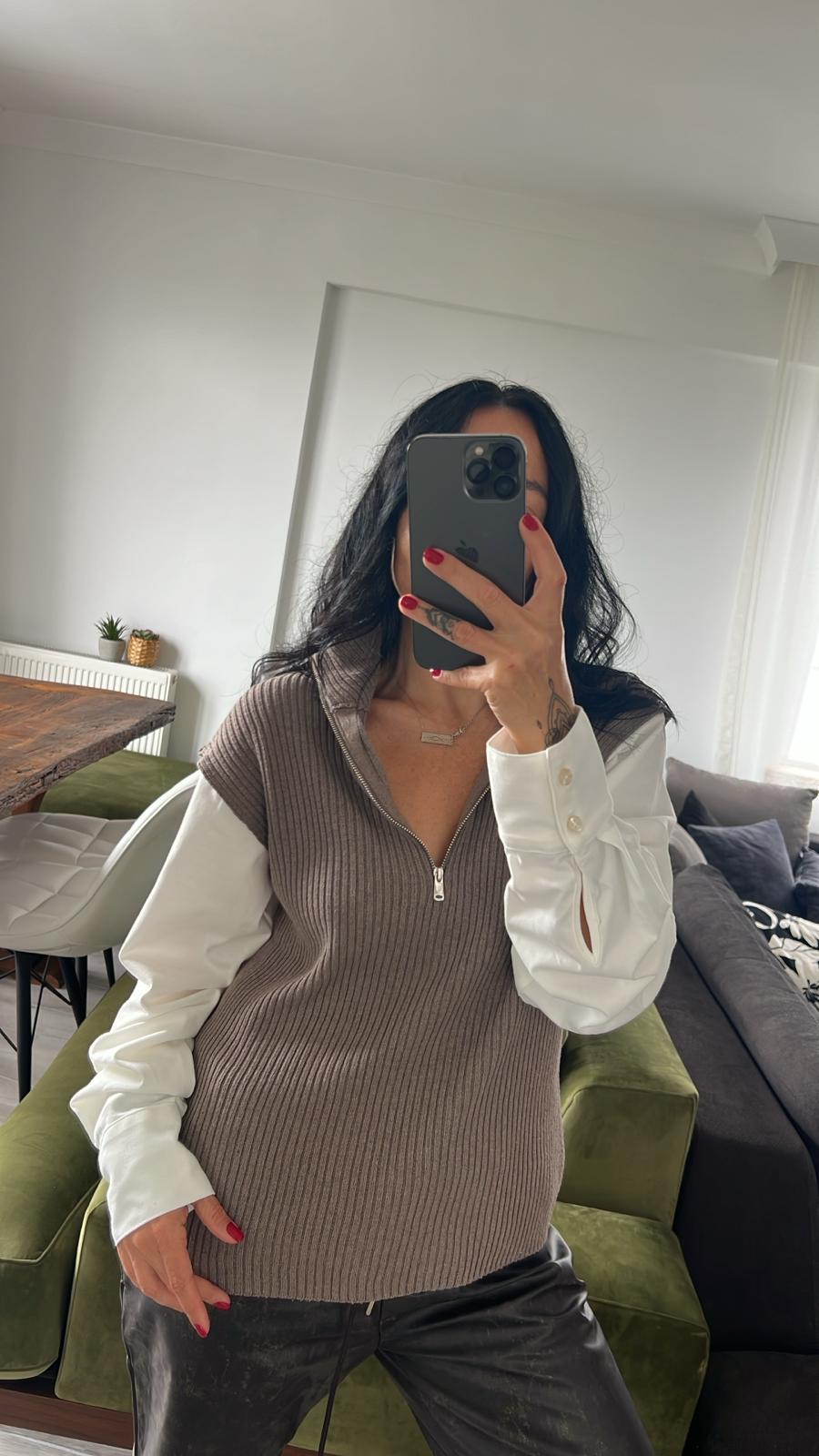 ZR Yarım Fermuarlı Vizon Triko Kazak