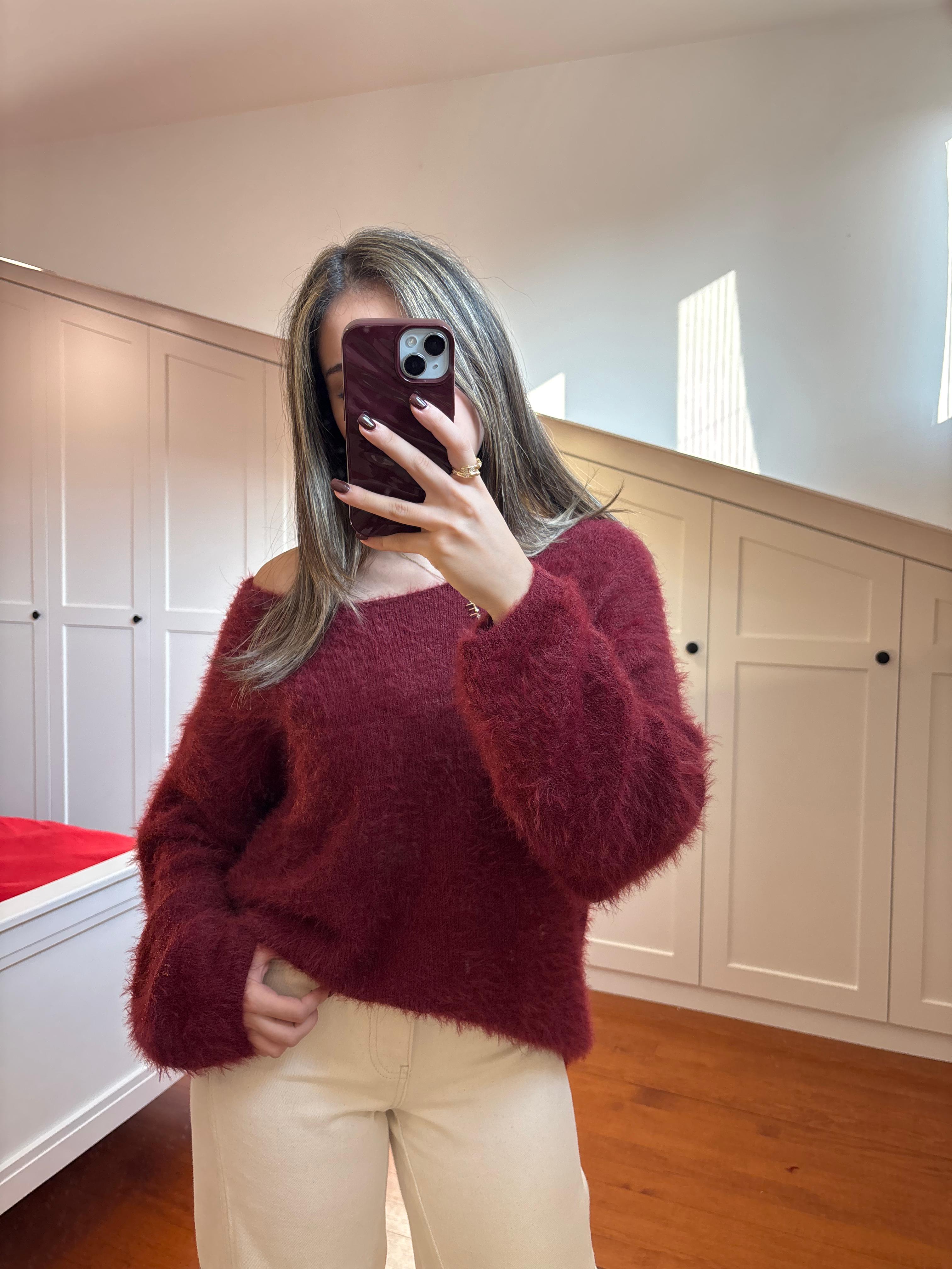 Kayık Yaka Yumuşak Dokulu Triko Kazak - Koyu Bordo