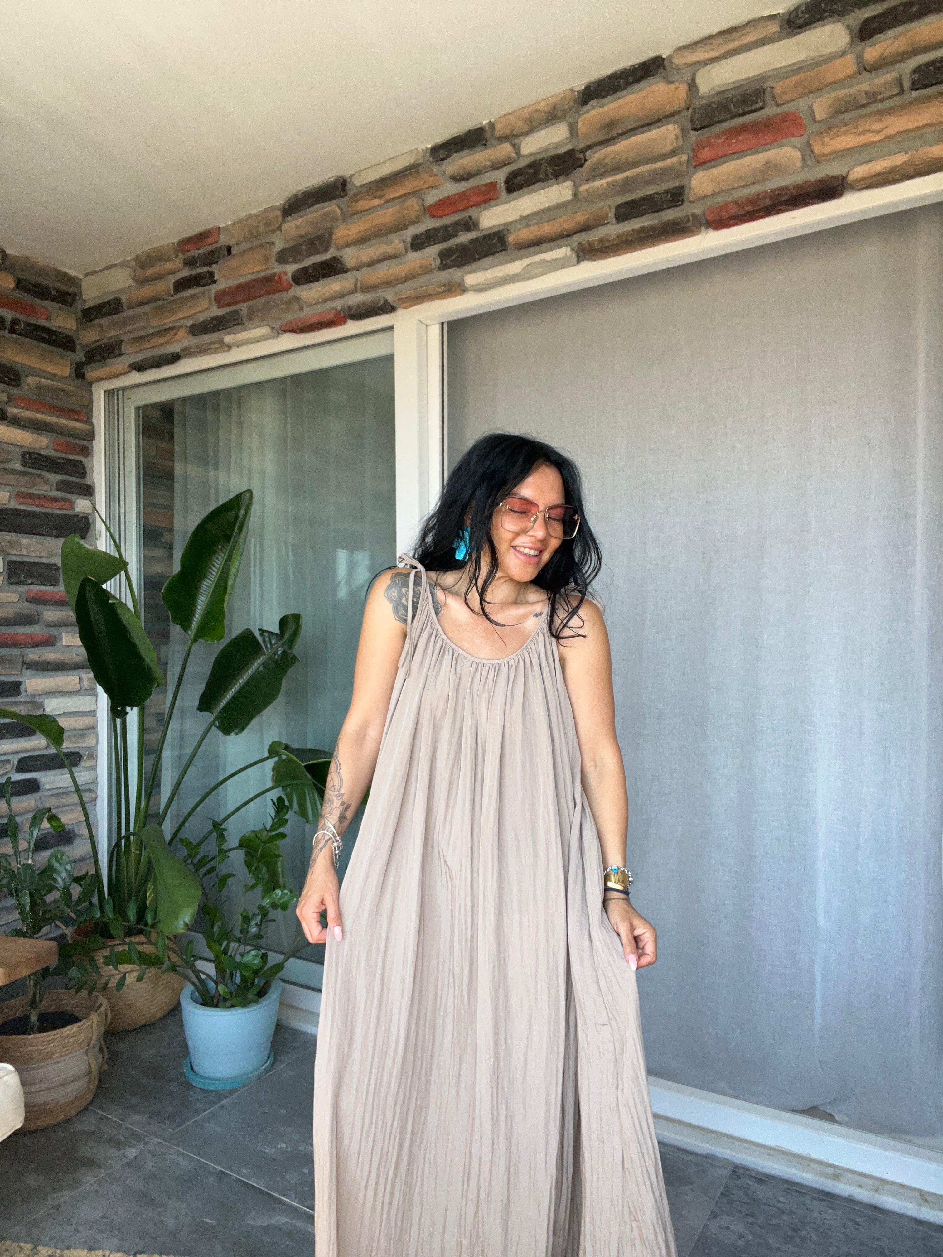 Camel Kraşlı Maxi Elbise