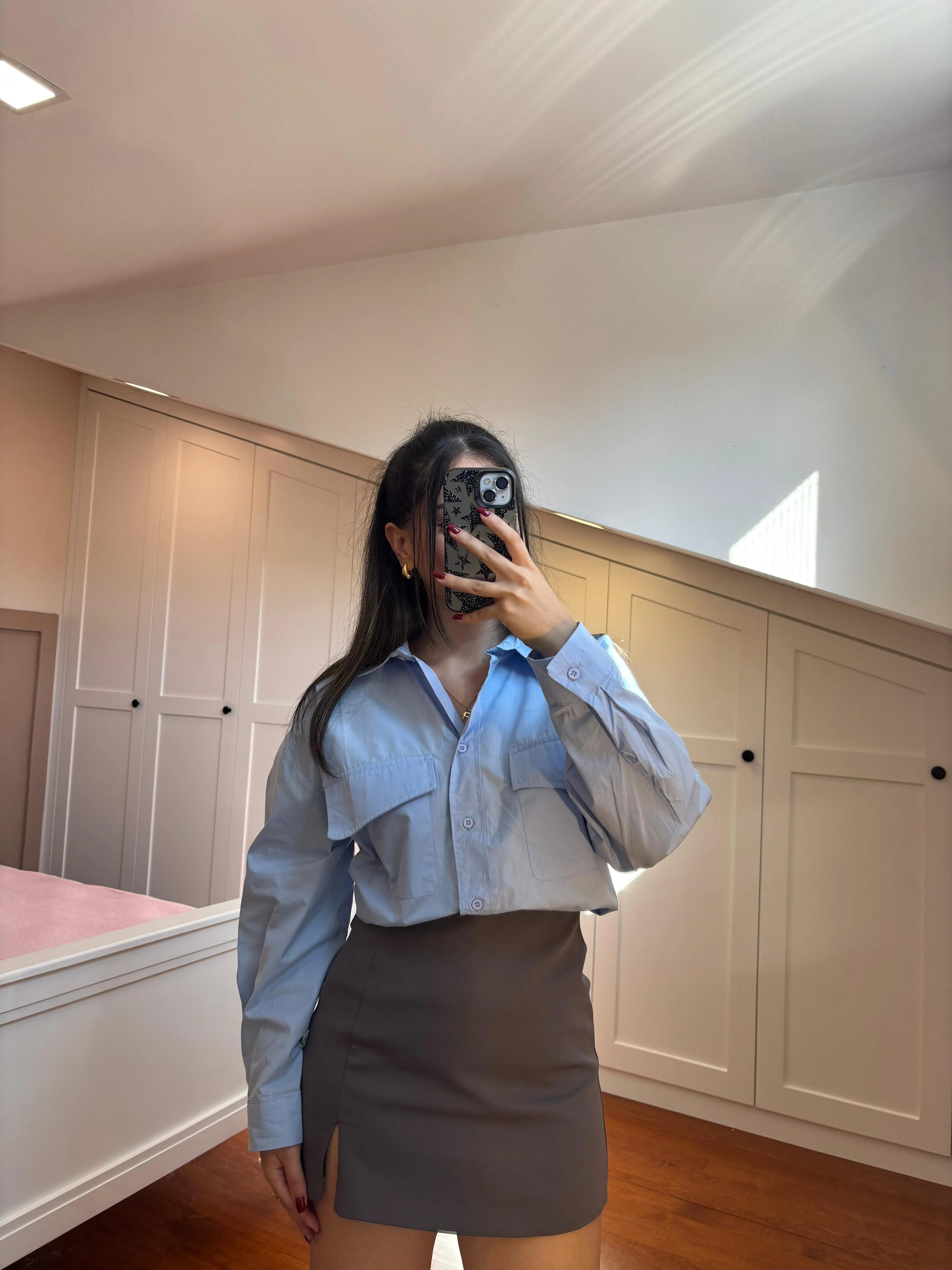 Massi Önü Cepli Crop Gömlek