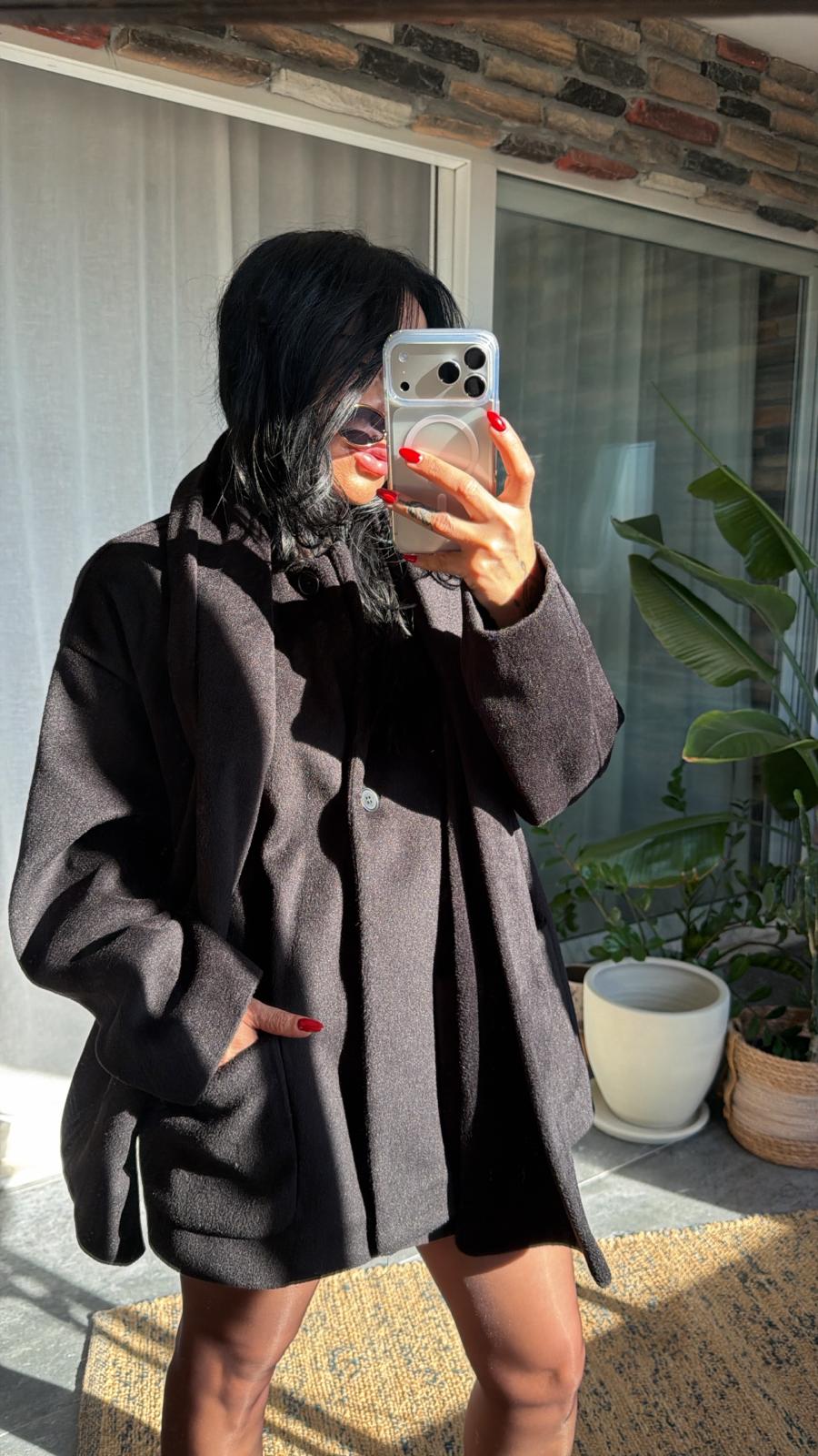 Şal Detaylı Düğmeli Kaşe Ceket