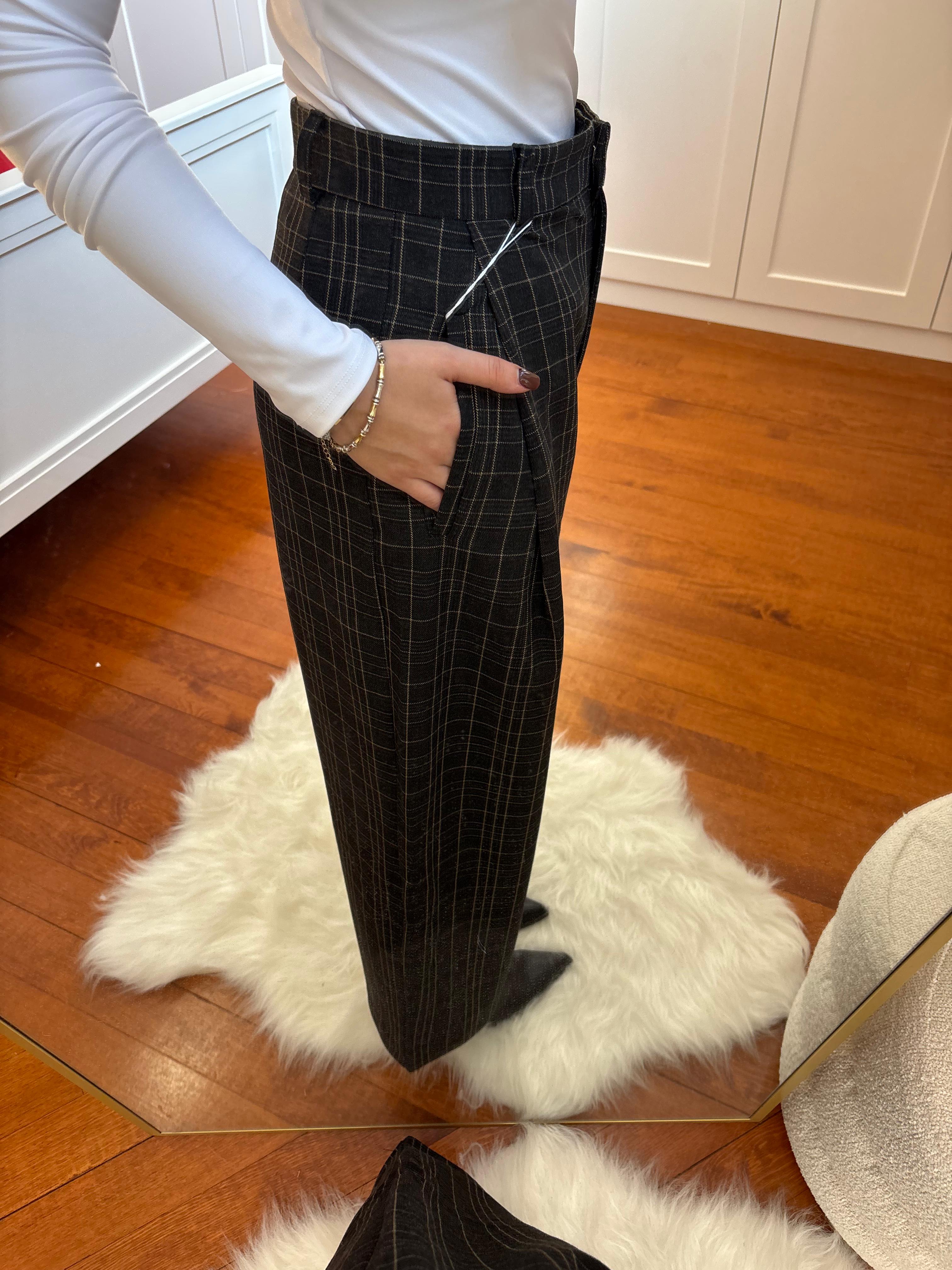 Ekose Desenli Geniş Paça Pantolon