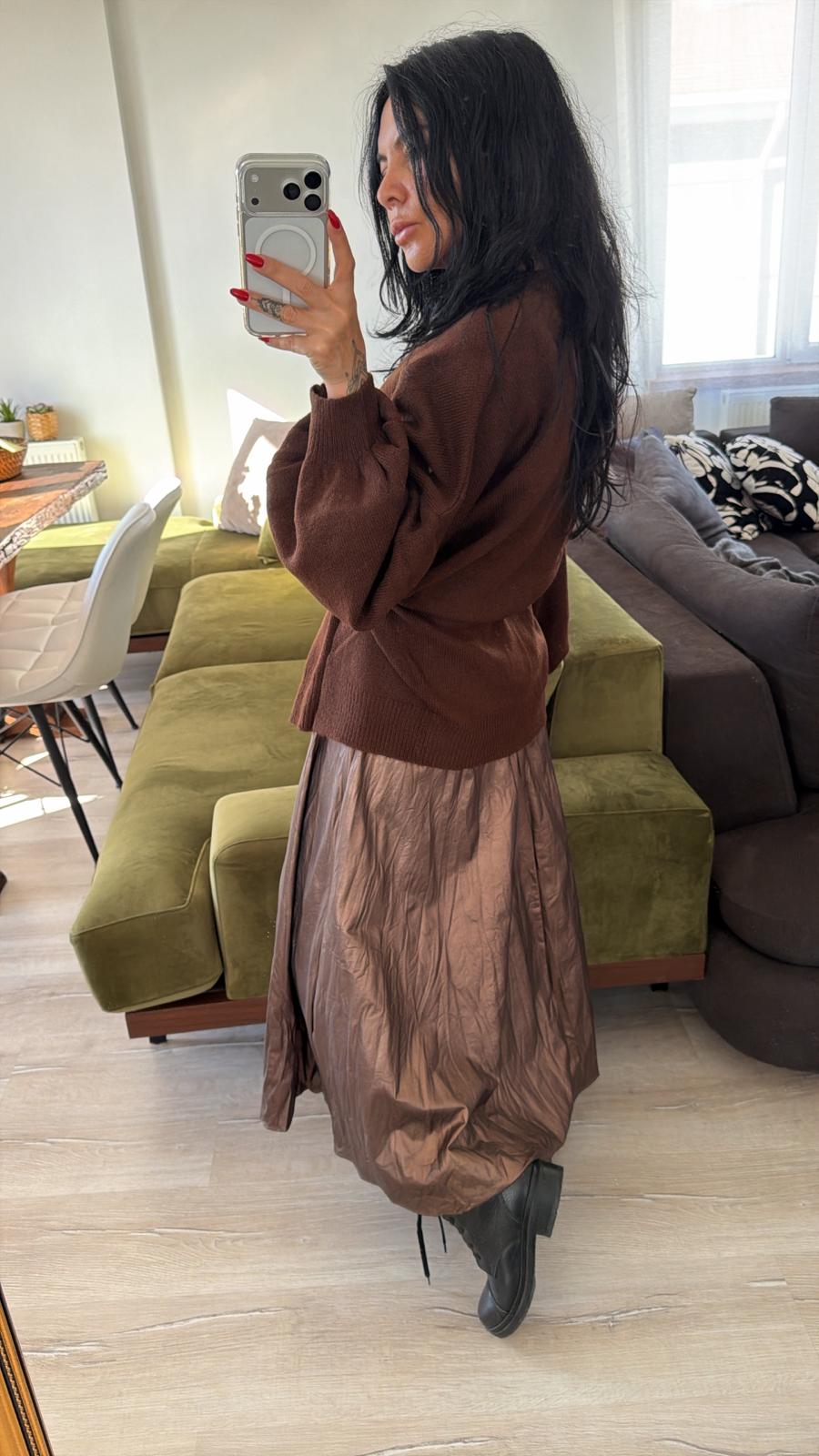 Kahve Parlak Görünümlü Midi Etek