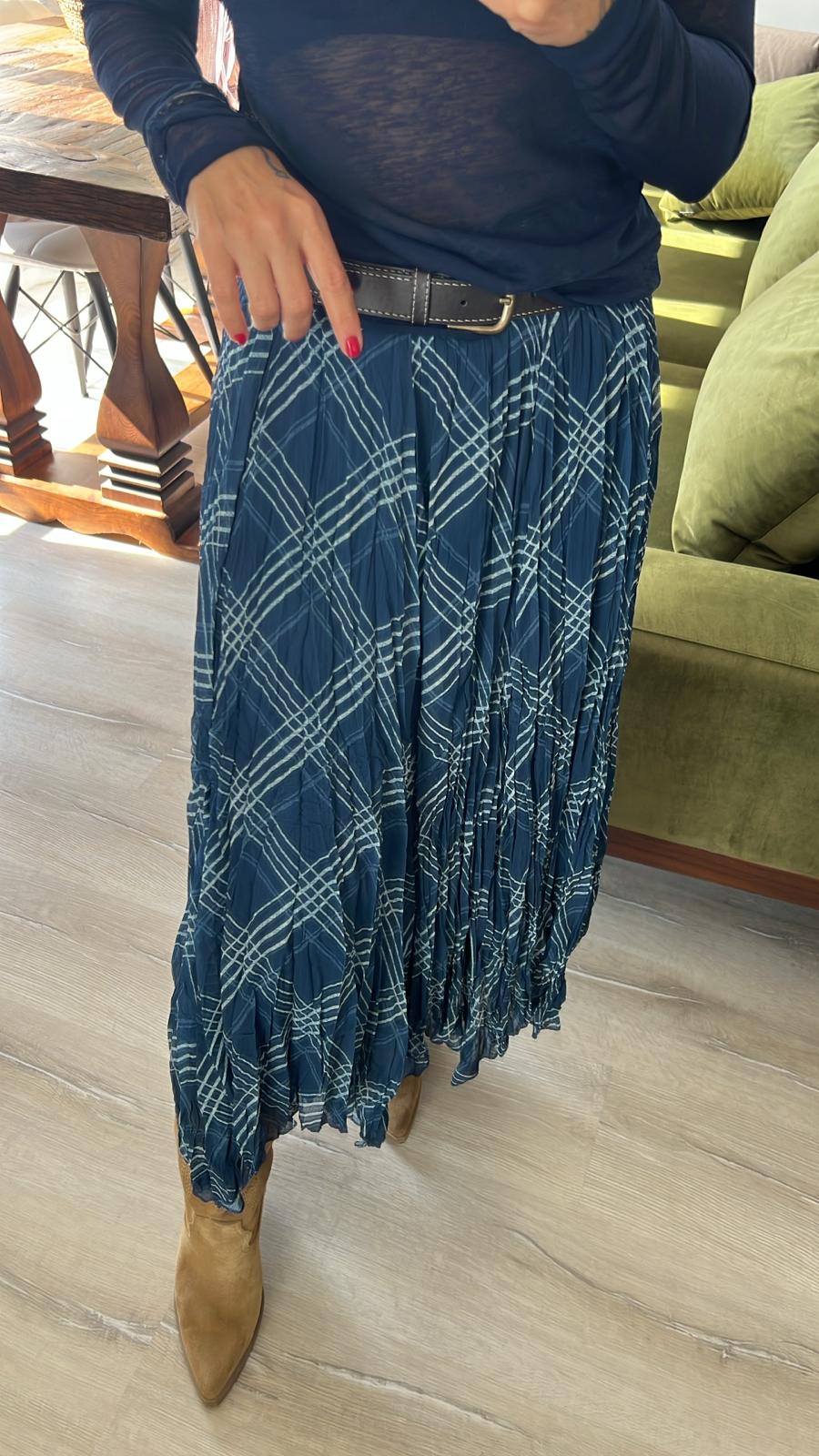 Petrol Mavisi Ekose Desenli Pliseli Asimetrik Etek