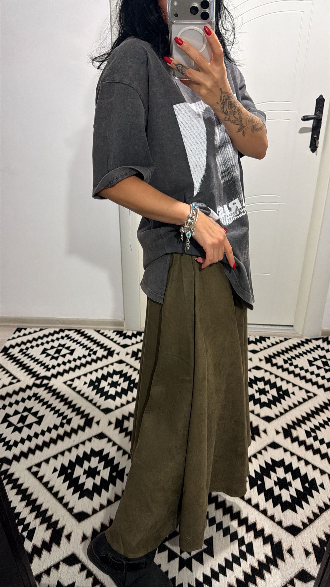 Olive Süet Midi Etek