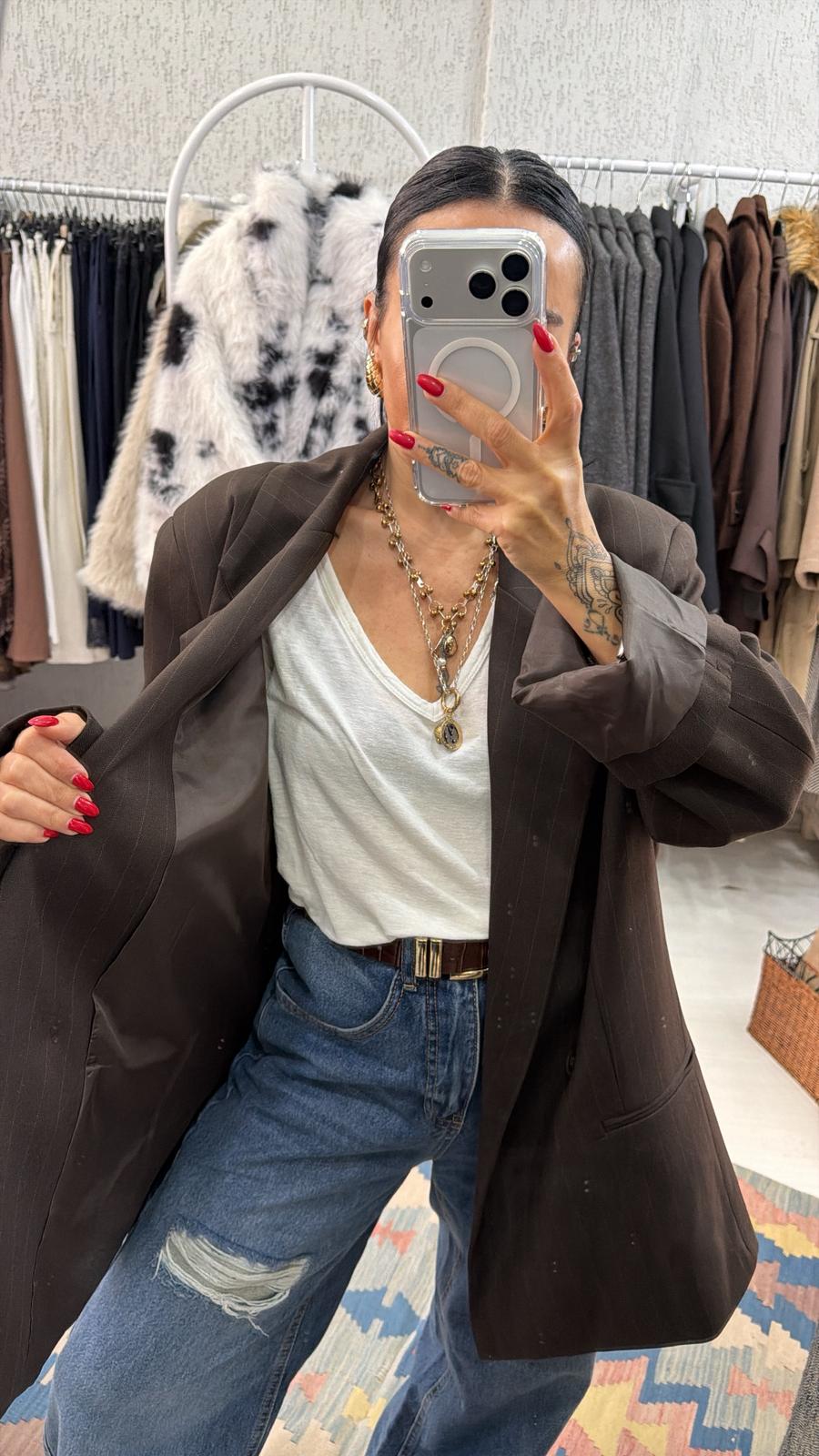 Kahve Çizgili Oversize Blazer Ceket 