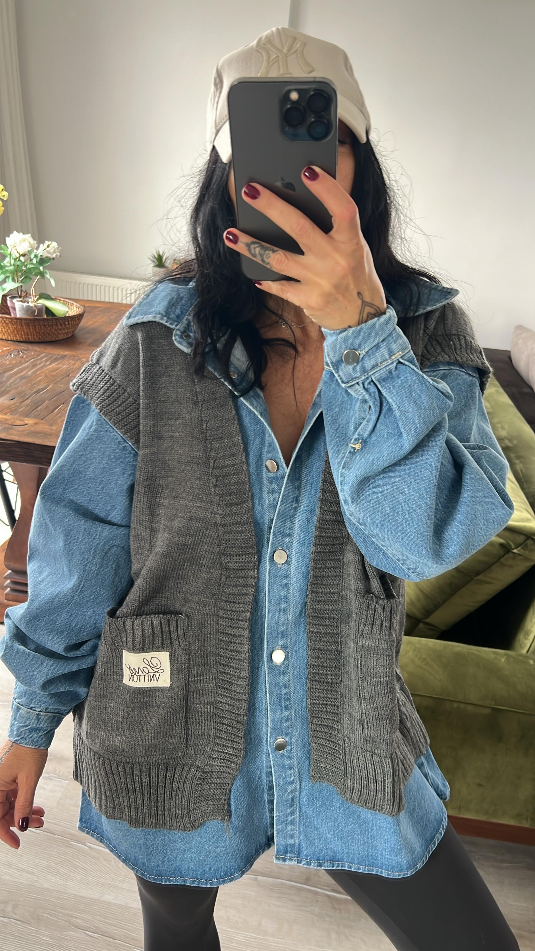 Garnili Triko Detaylı Denim Gömlek