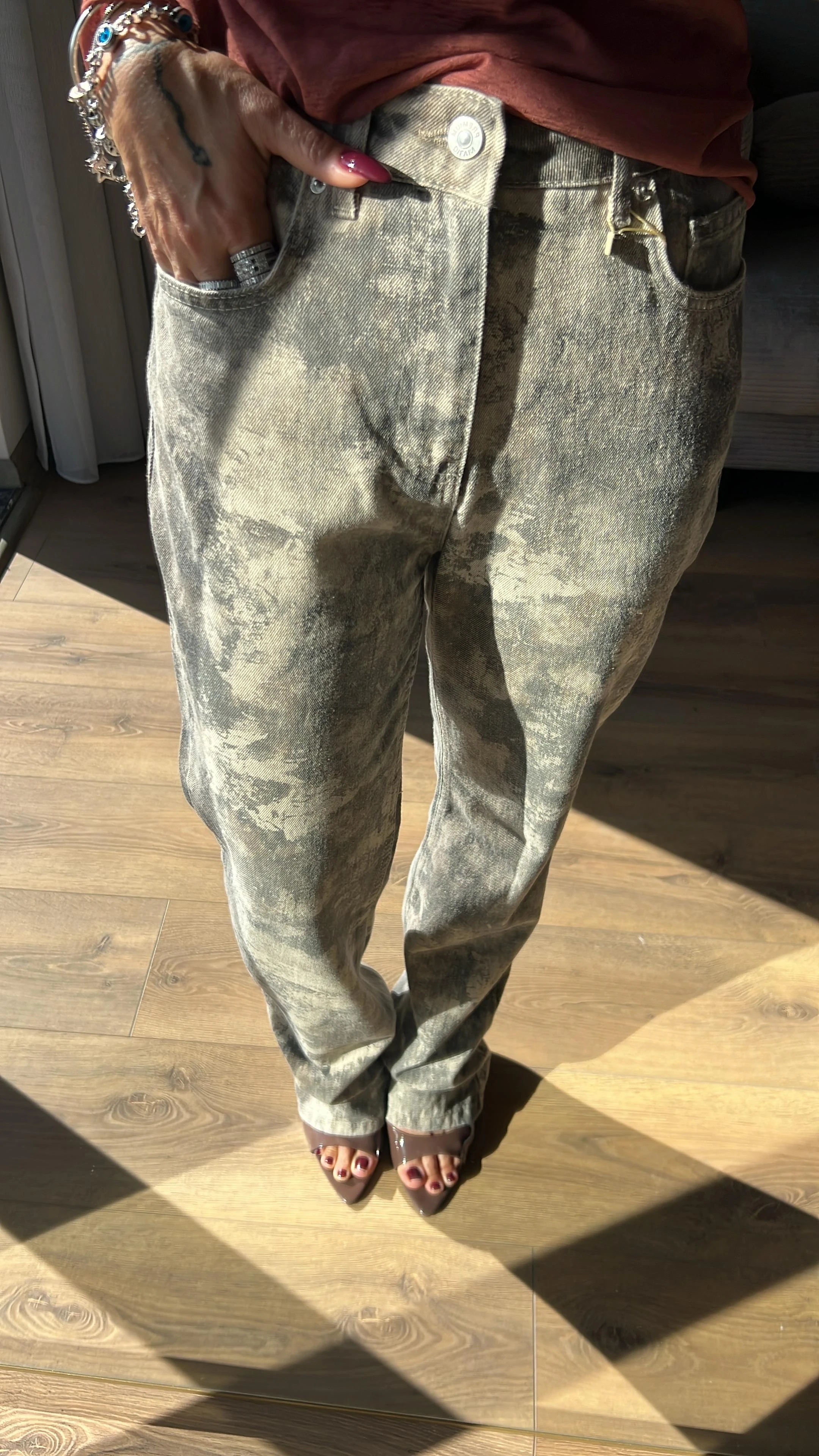 Dilvin Batik Desenli Denim Pantolon - Haki