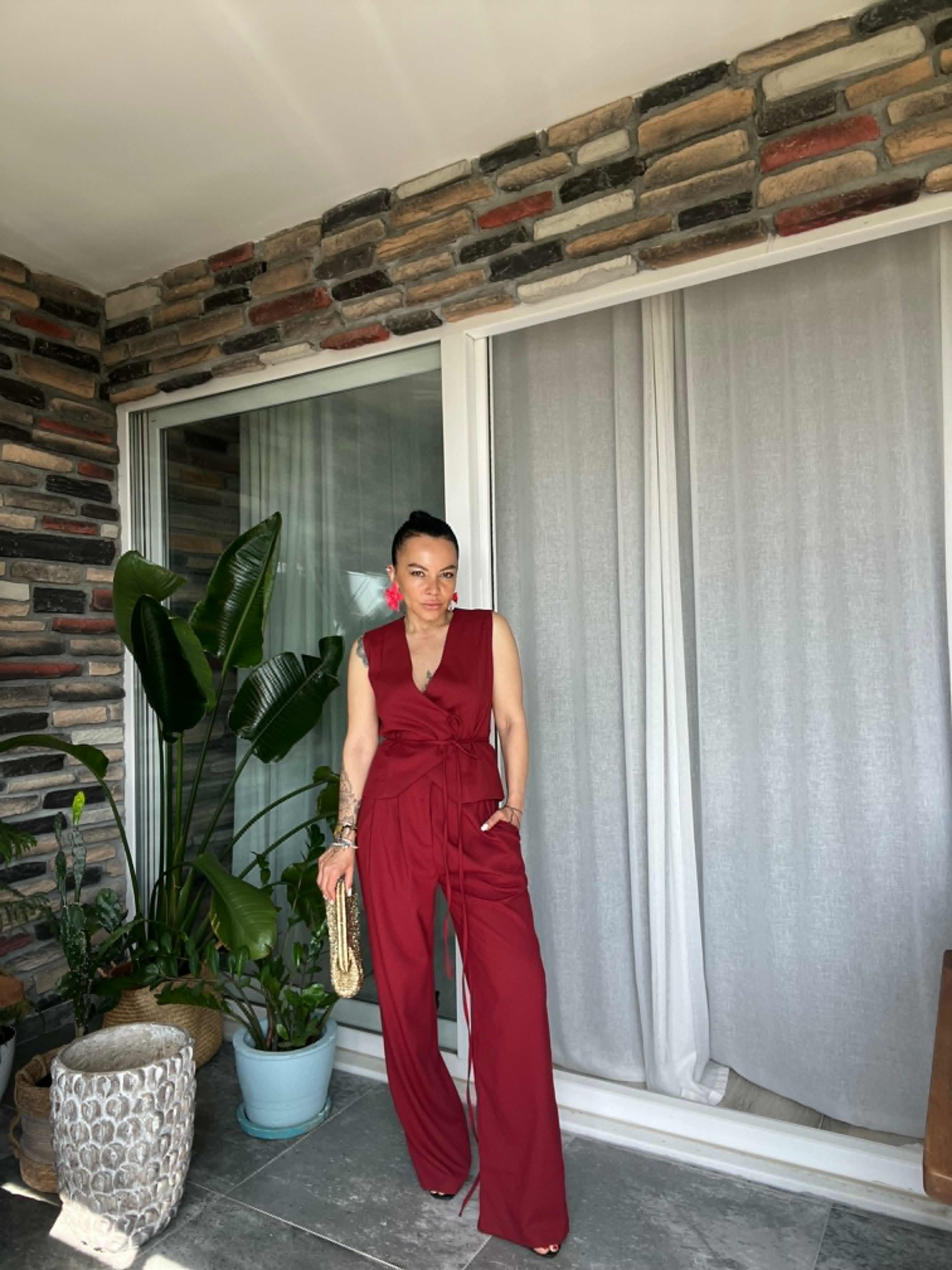 Bordo Bağlamalı Yelek Pantolon Takım 