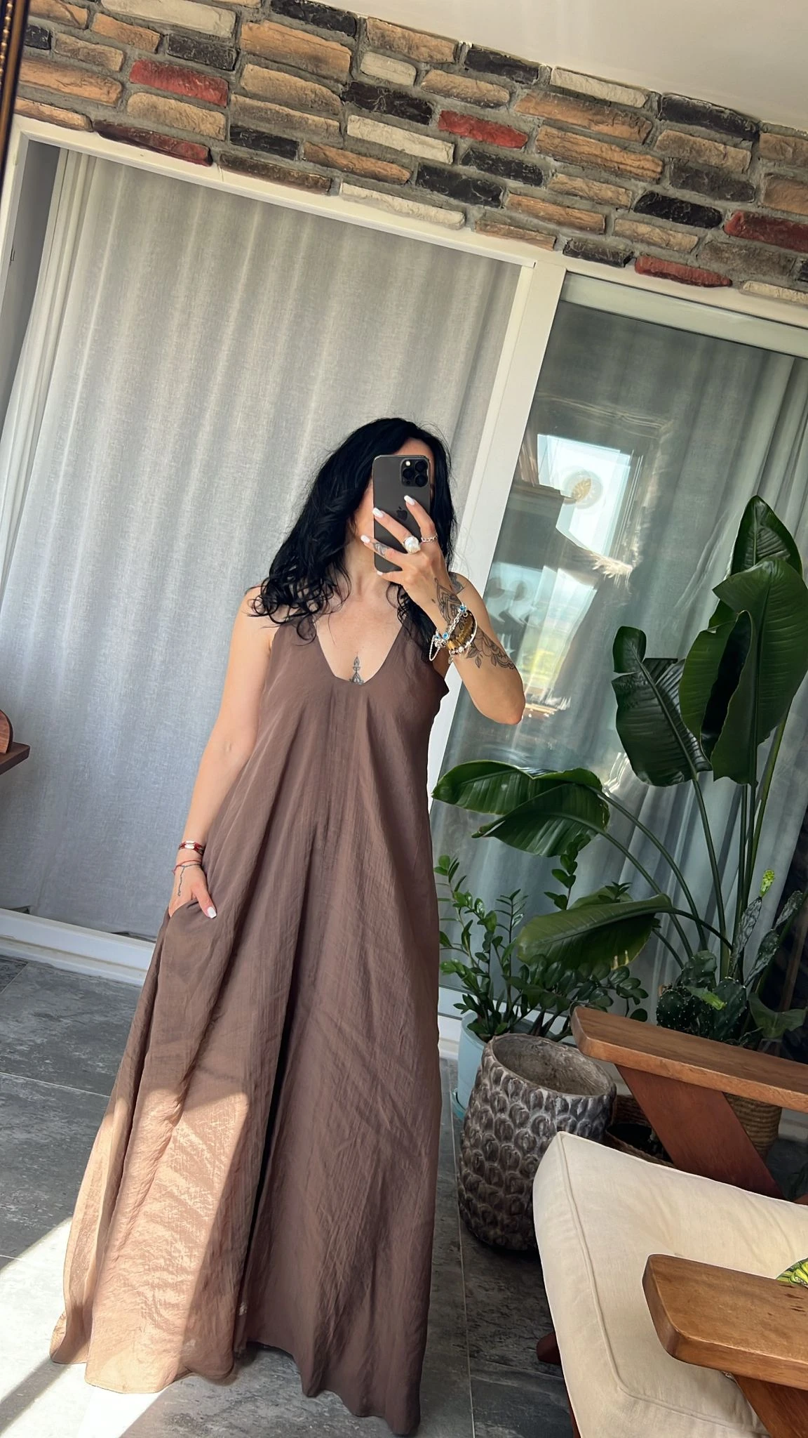 Askılı Kahve Keten Elbise