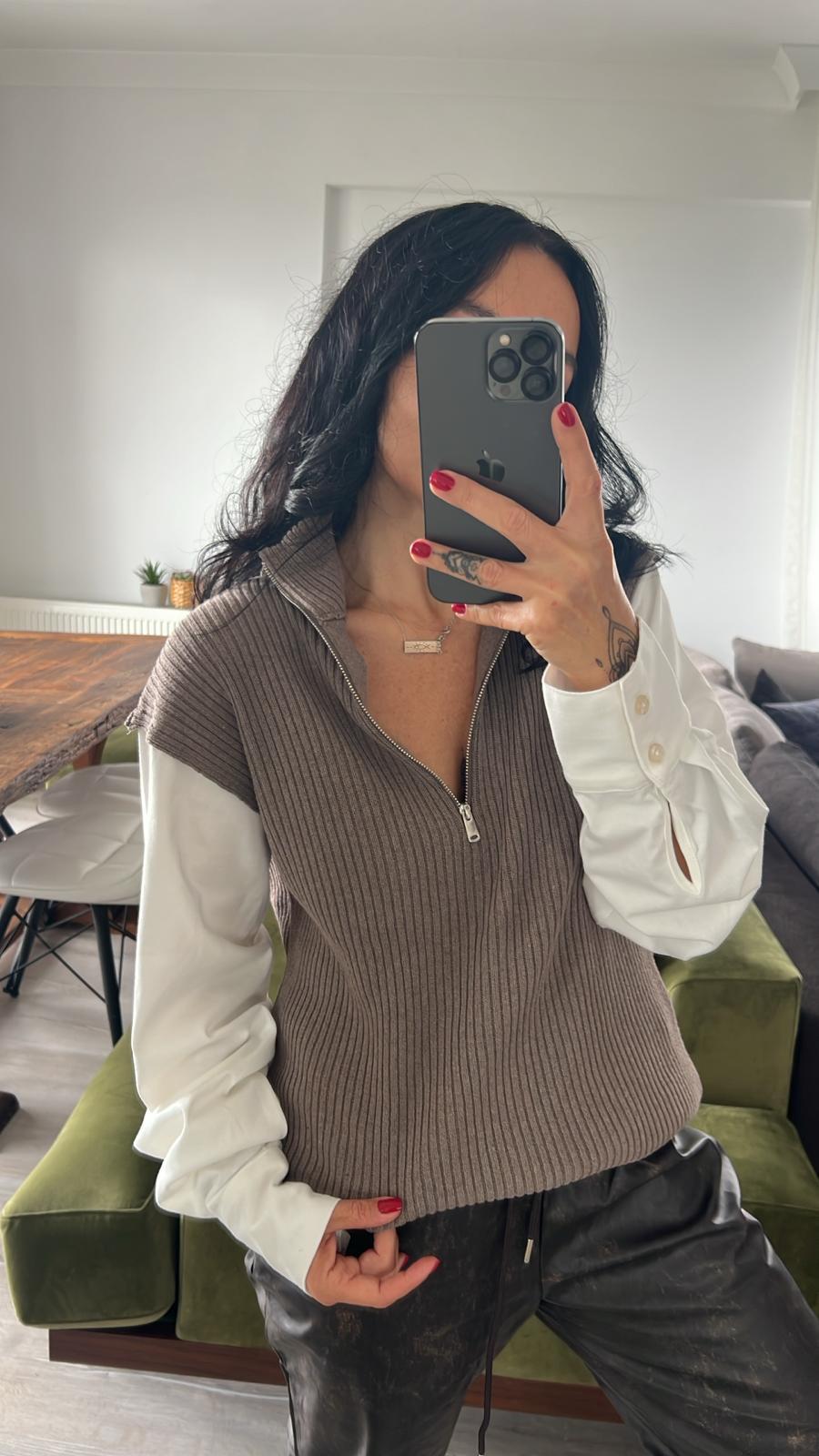 ZR Yarım Fermuarlı Vizon Triko Kazak