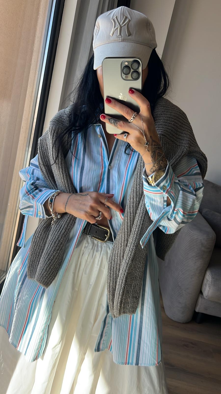 Dikey Çizgili Oversize Gömlek 