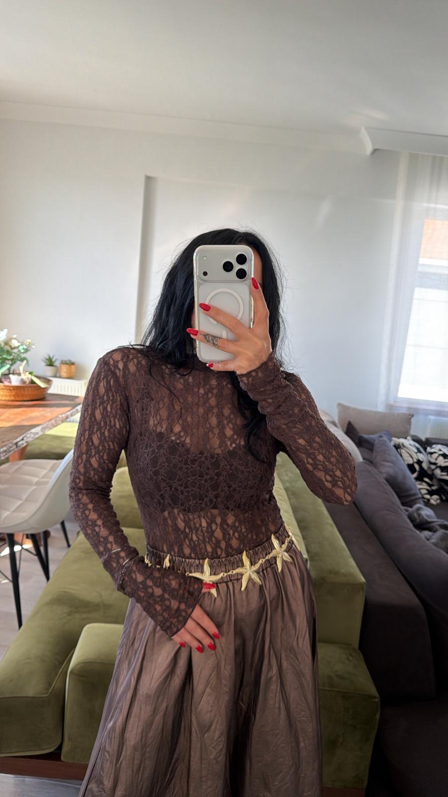 Dik Yaka Dantel Çıtçıtlı Bodysuit - Kahve