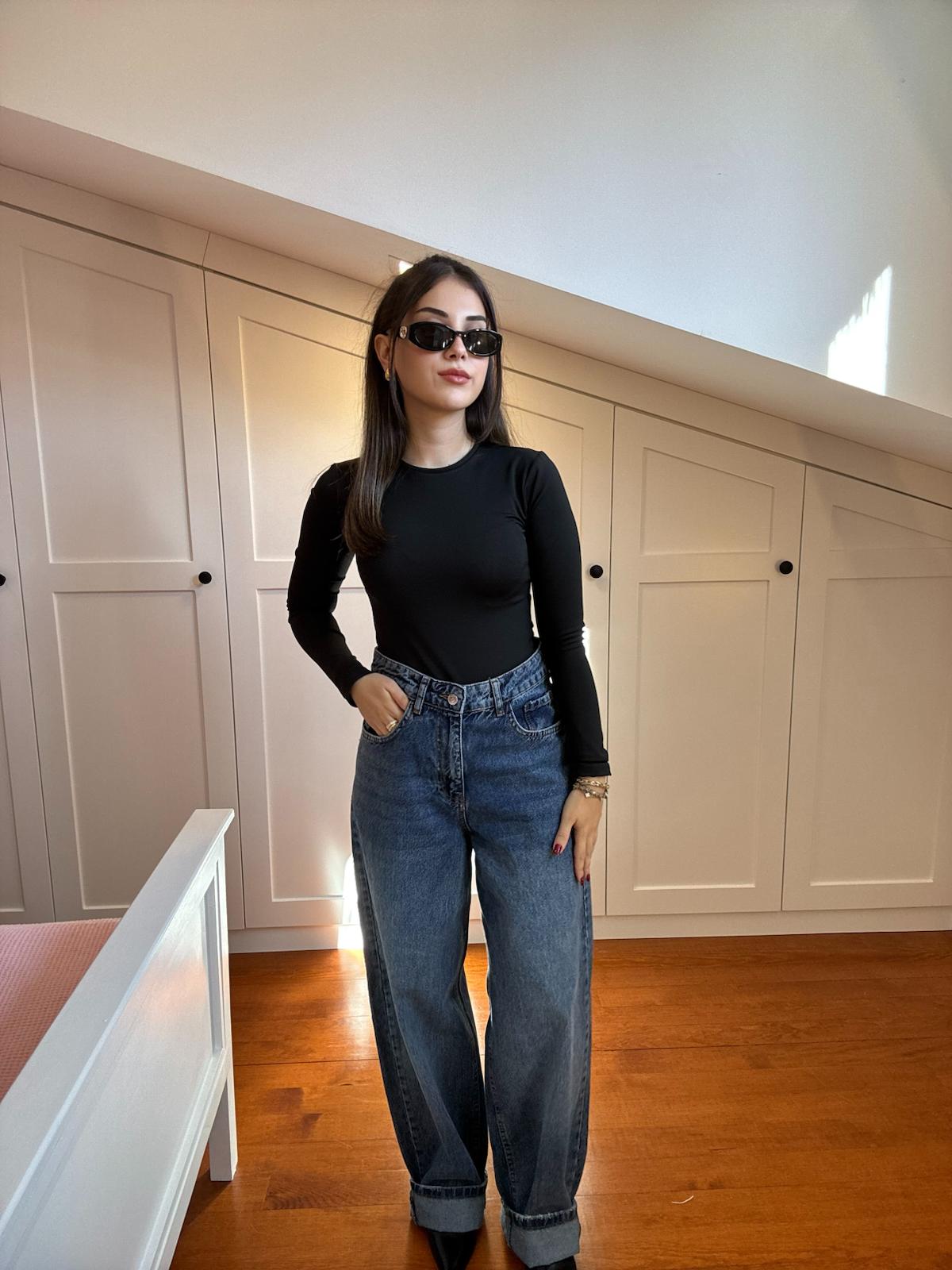 Koyu Mavi Kar Yıkamalı Baggy Jean