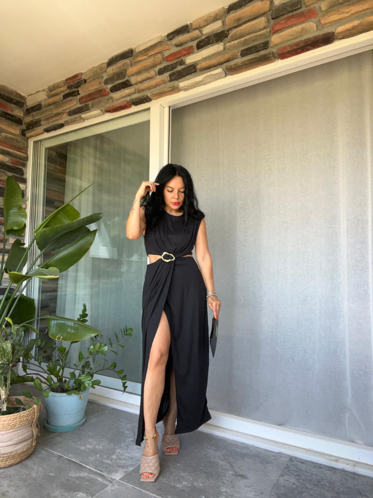 Beli Tokalı Drape Elbise  - Siyah