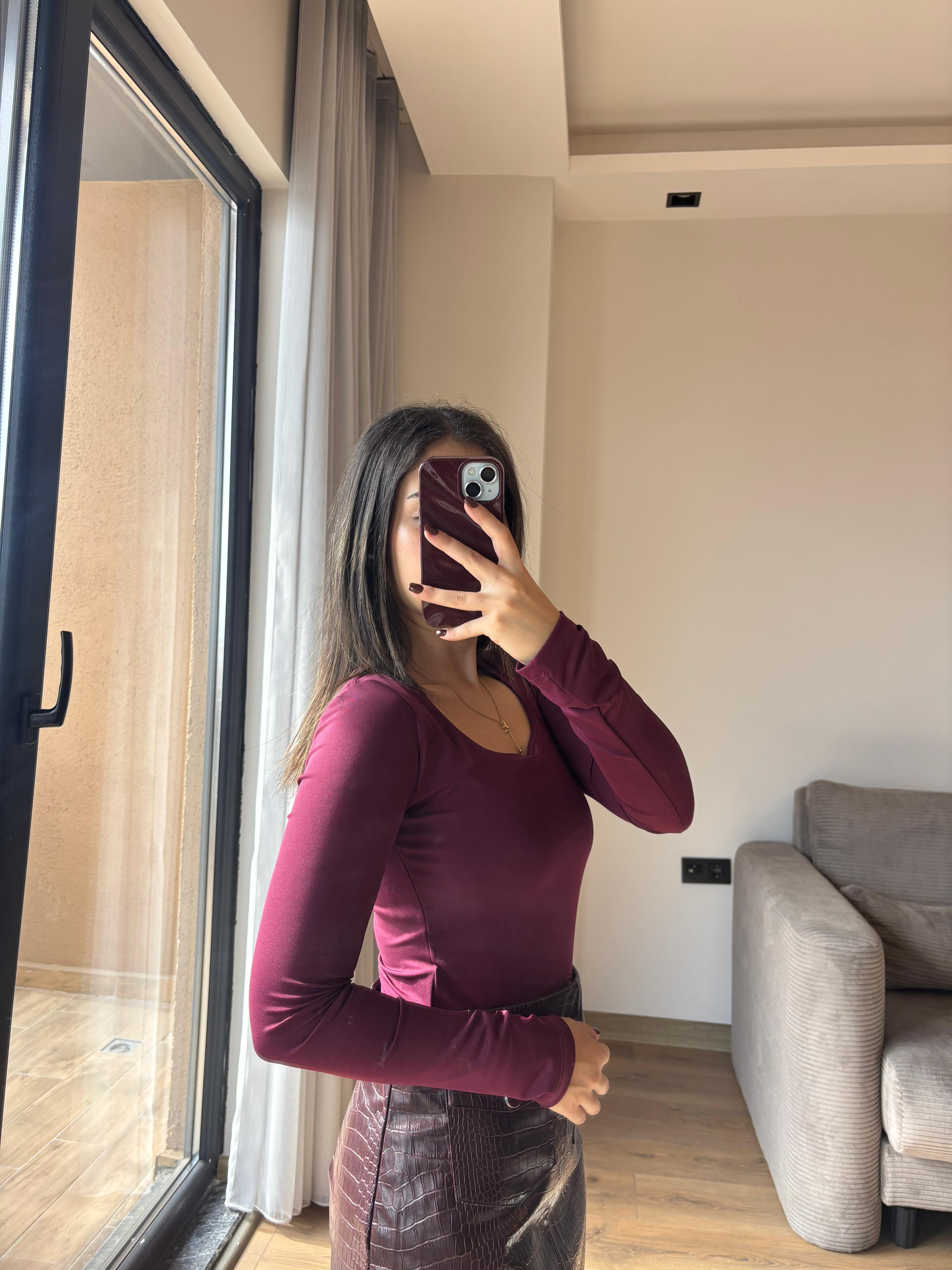 Mürdüm Kare Yaka Bodysuit