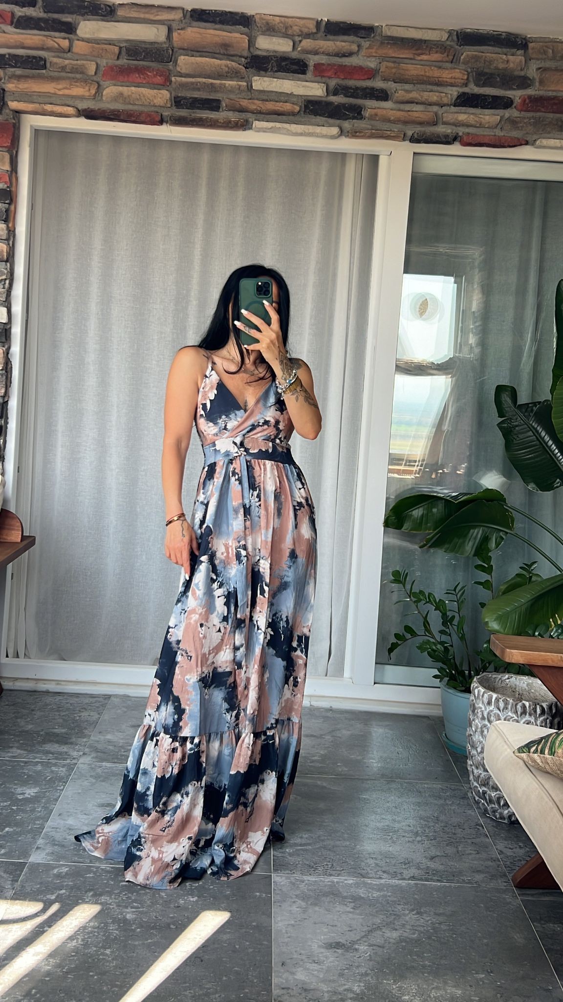 Batik Desenli Maxi Elbise  - Mavi