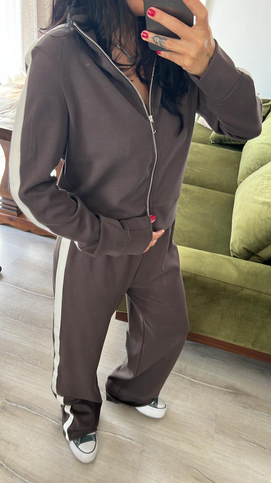 Şerit Detaylı Modal Eşofman Takım  - Kahve