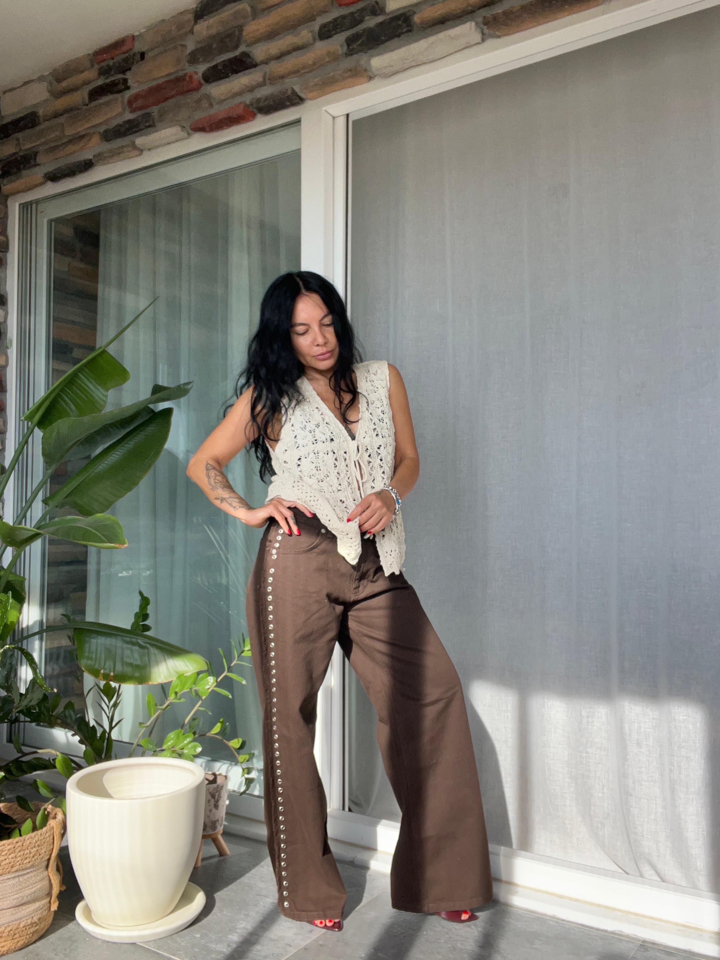 Kuş Gözü Detaylı Kahve Denim Pantolon
