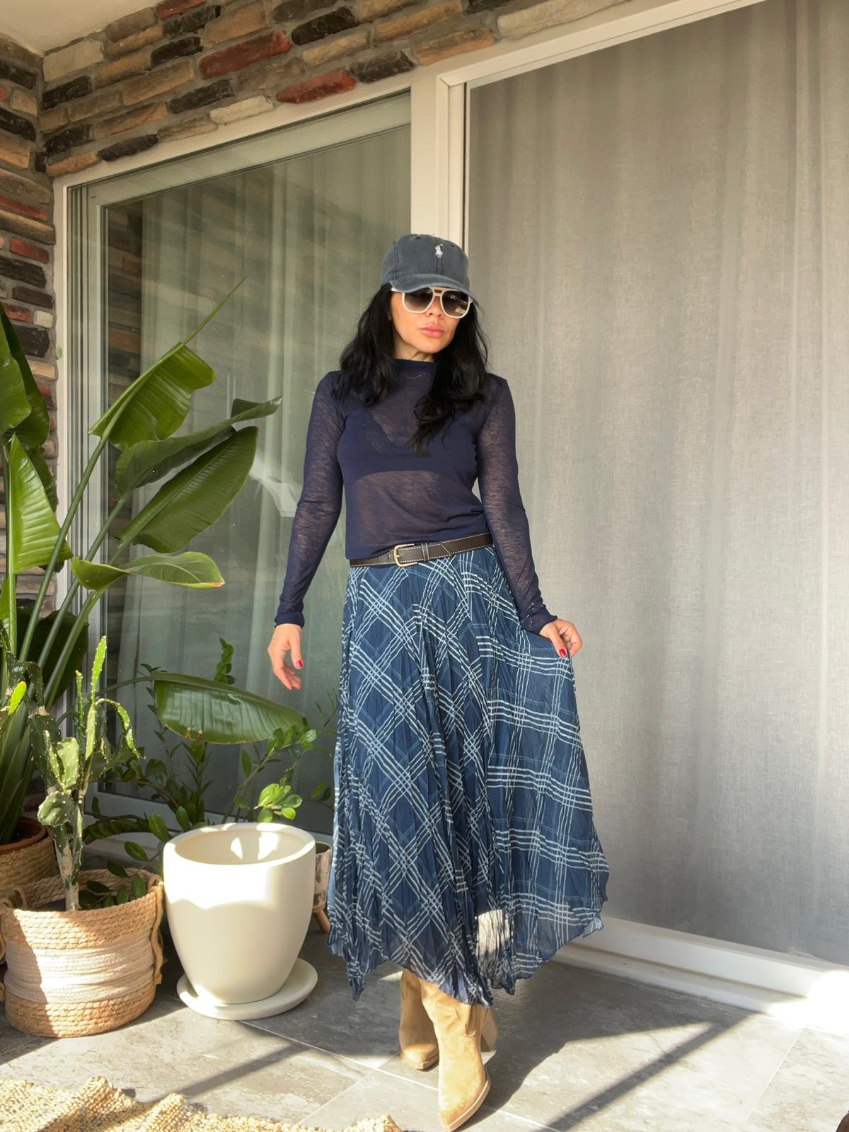 Petrol Mavisi Ekose Desenli Pliseli Asimetrik Etek