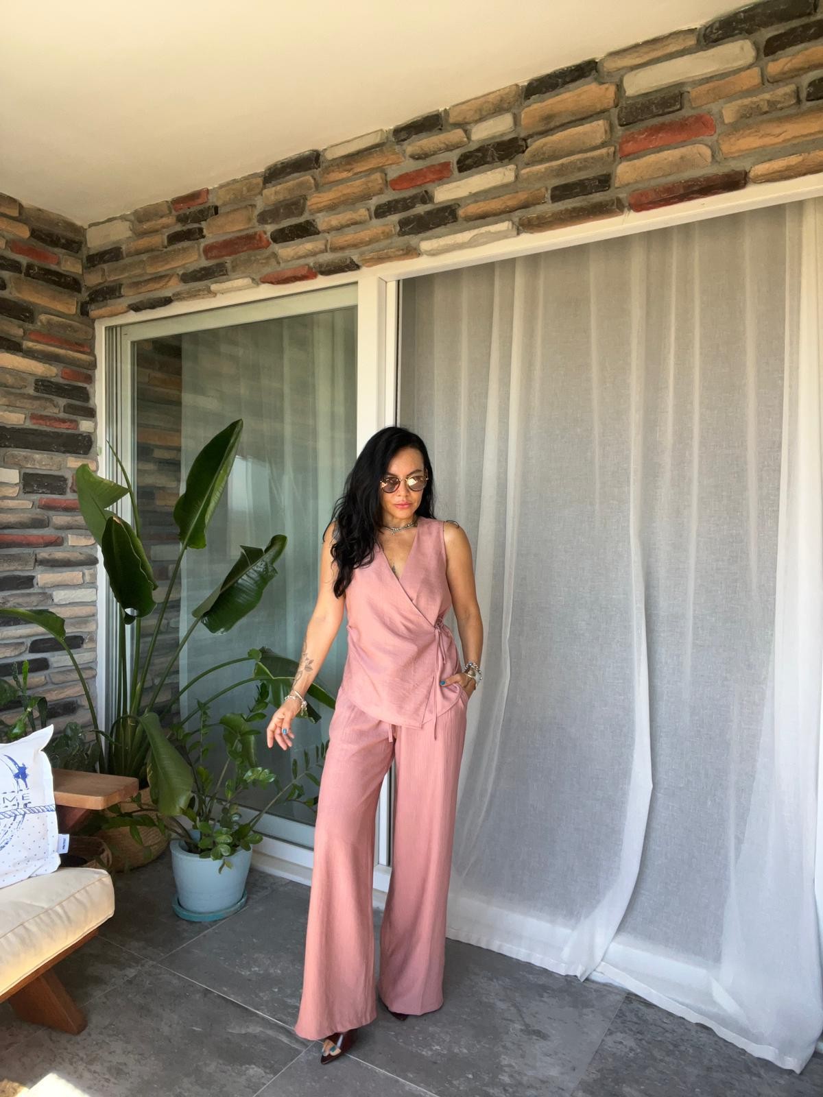 Bağlamalı Bluz Pantolon Takım