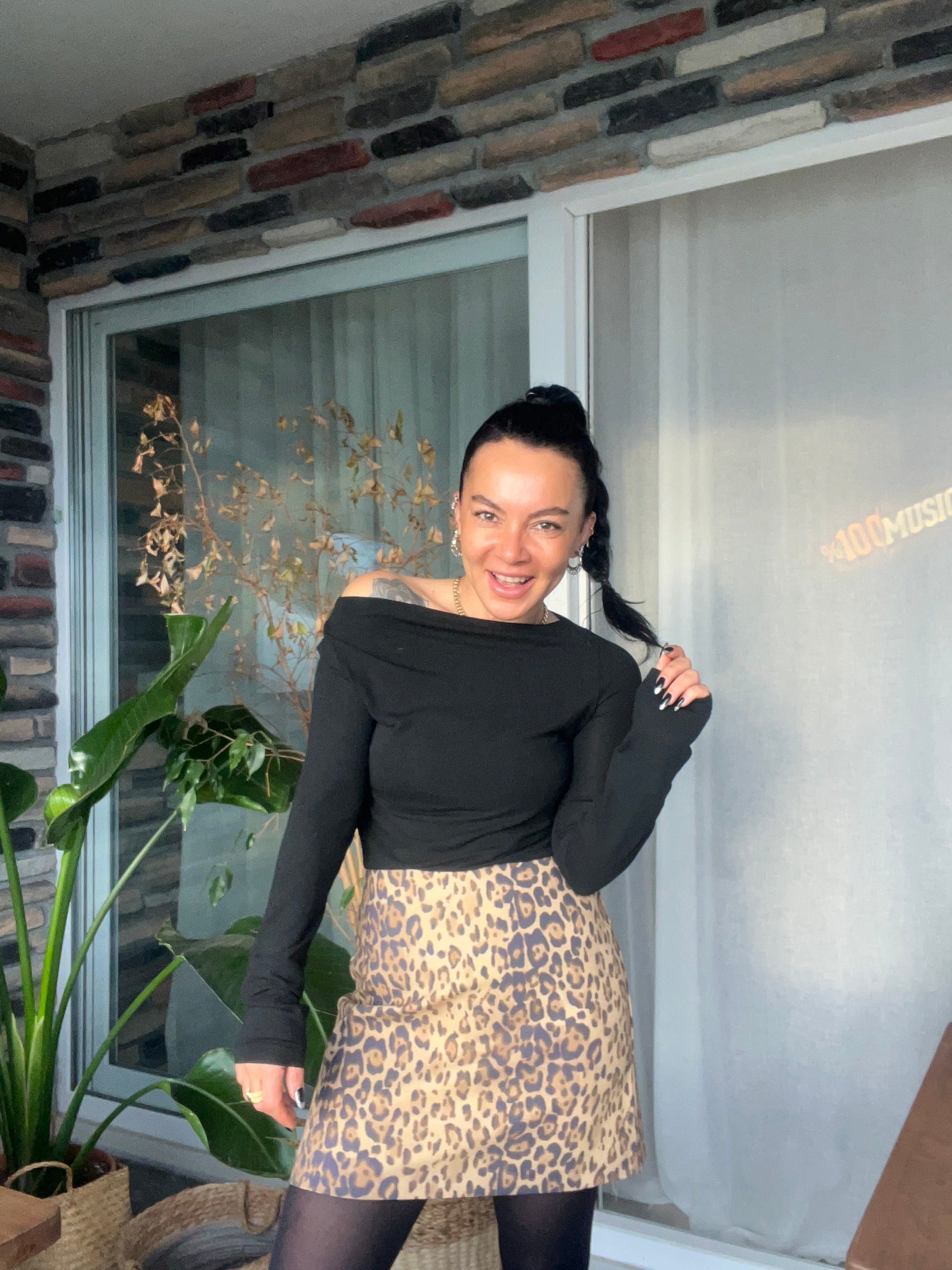 İnce Gabardin Leopar Desen Mini Etek (Kahve)
